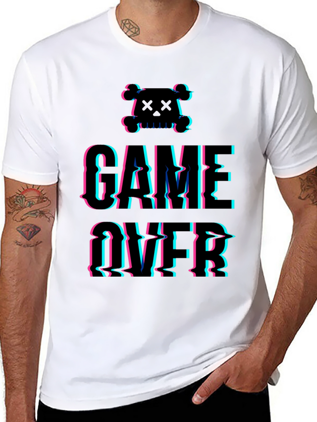 Game Over Glitch Graphic T-Shirt - Skull Design