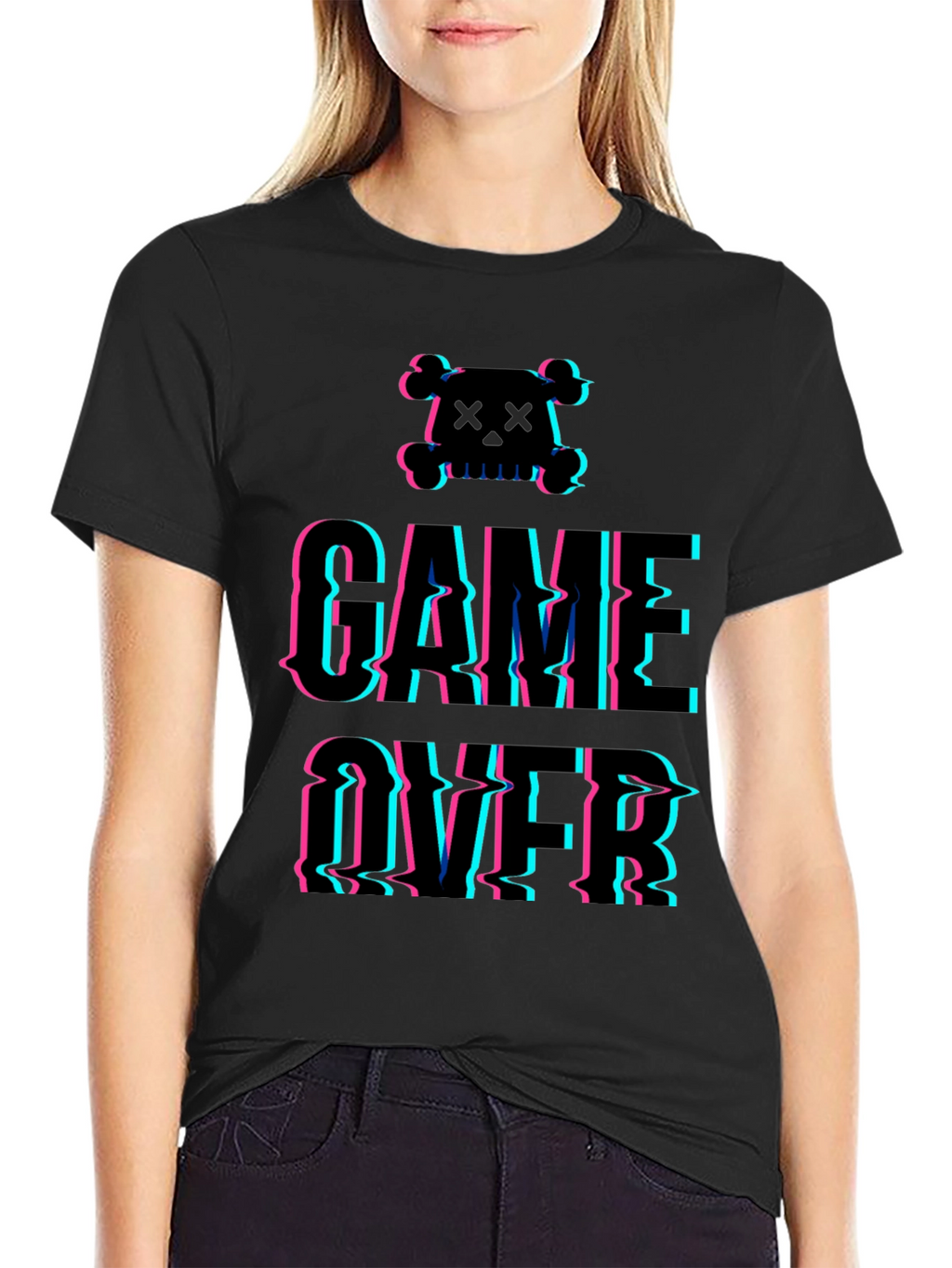 Game Over Glitch Graphic T-Shirt - Skull Design