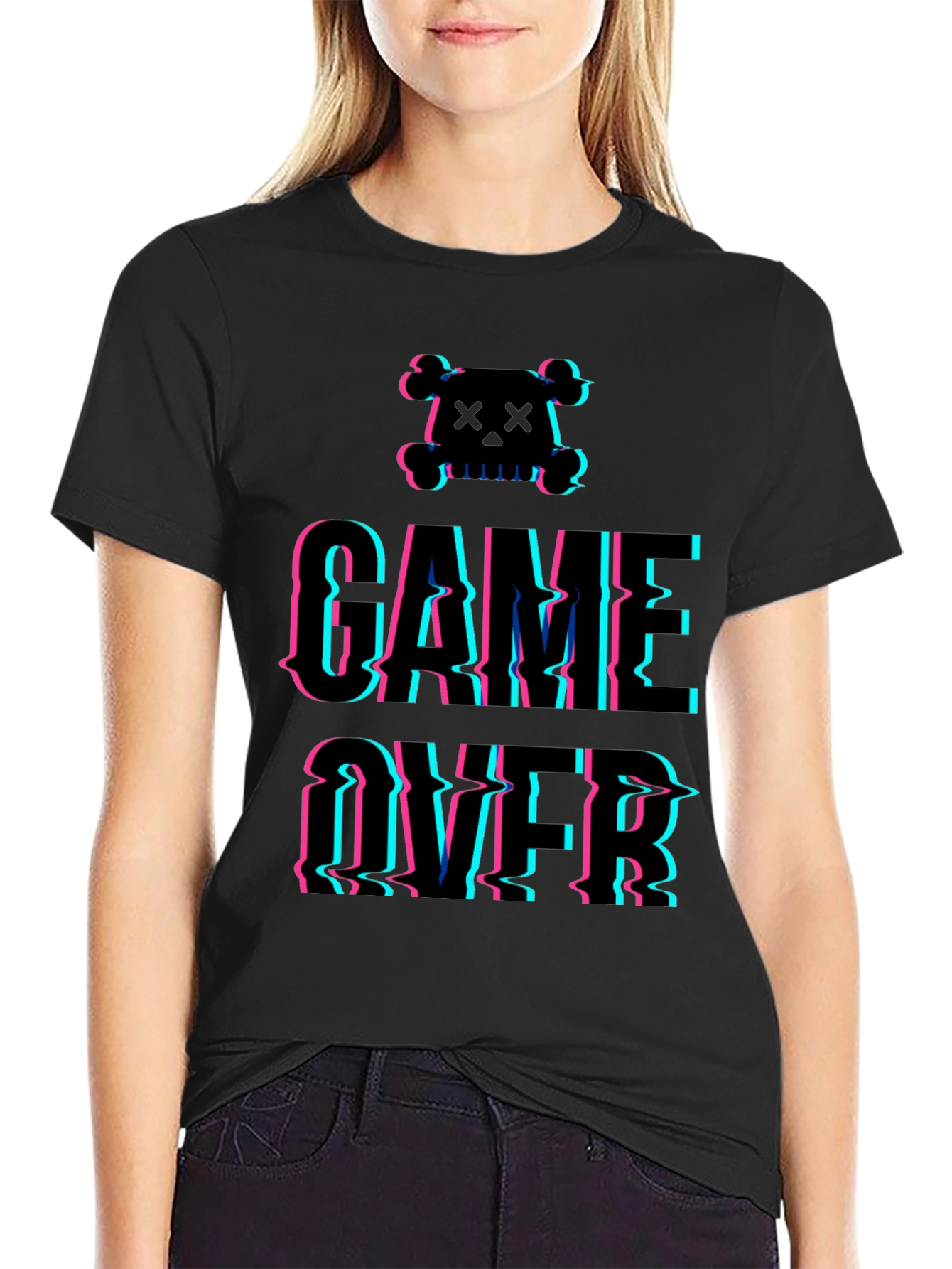 Game Over Glitch Graphic T-Shirt - Skull Design