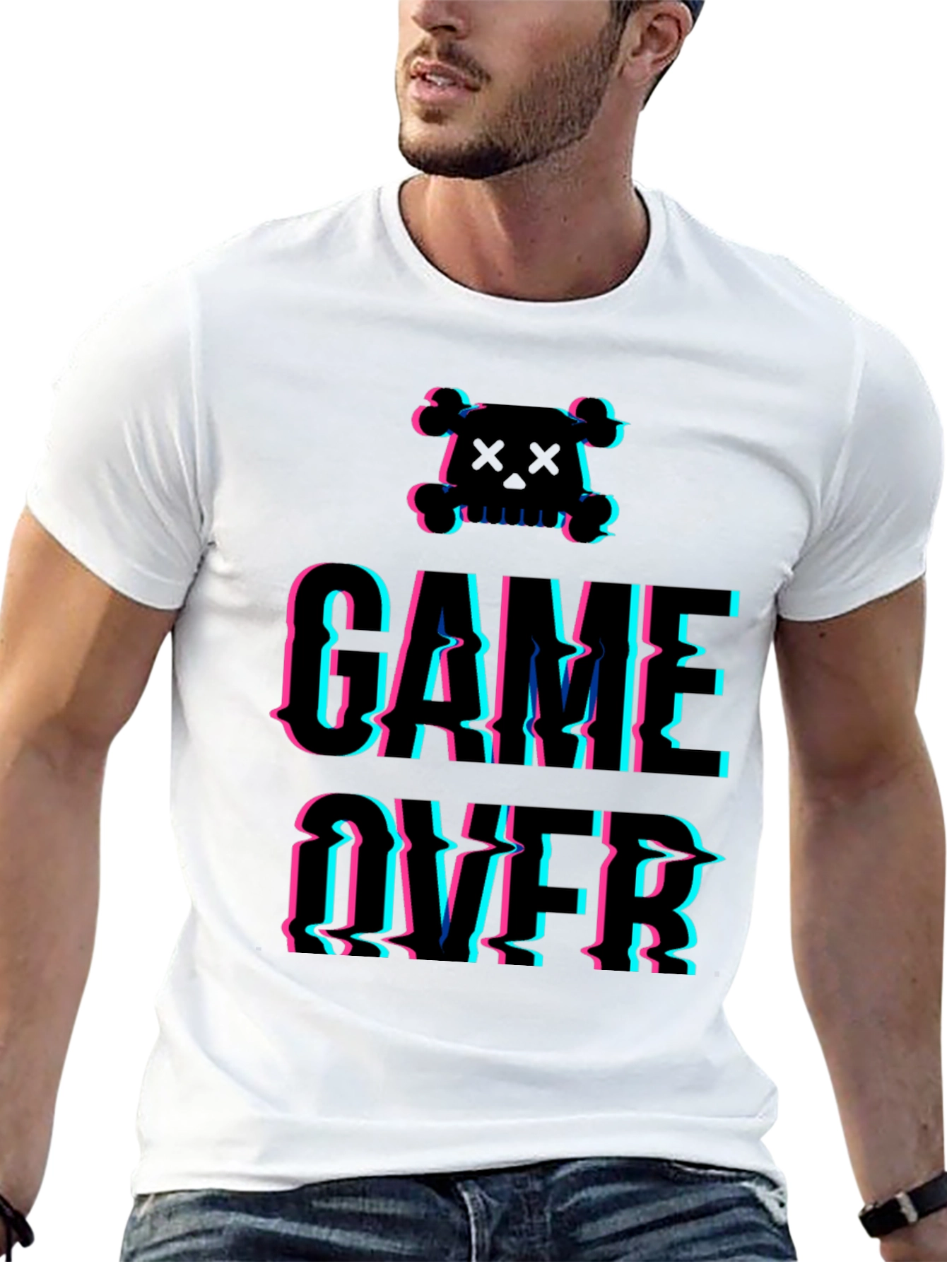 Game Over Glitch Graphic T-Shirt - Skull Design