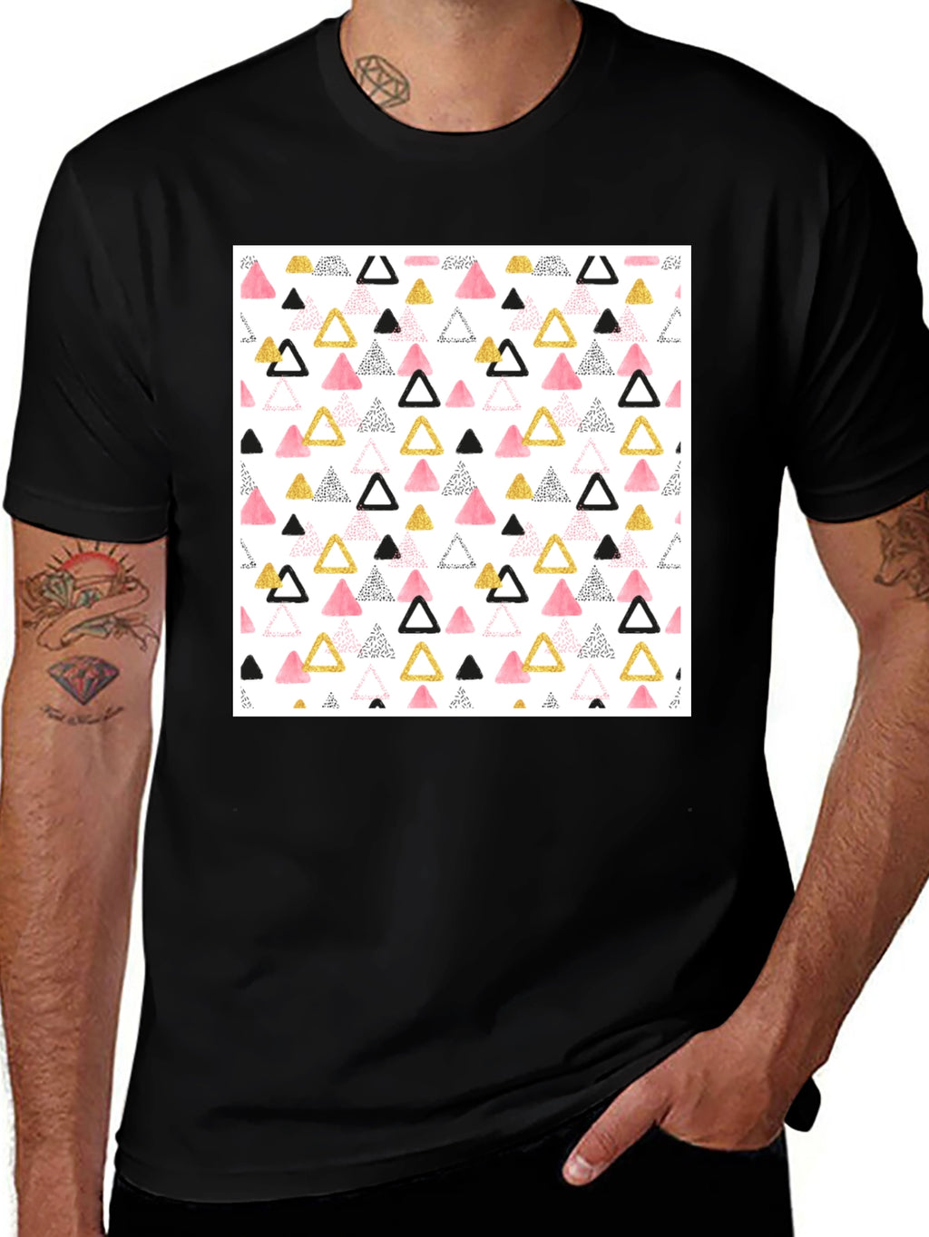 Modern Triangle Pattern Black Crew Neck T-Shirt