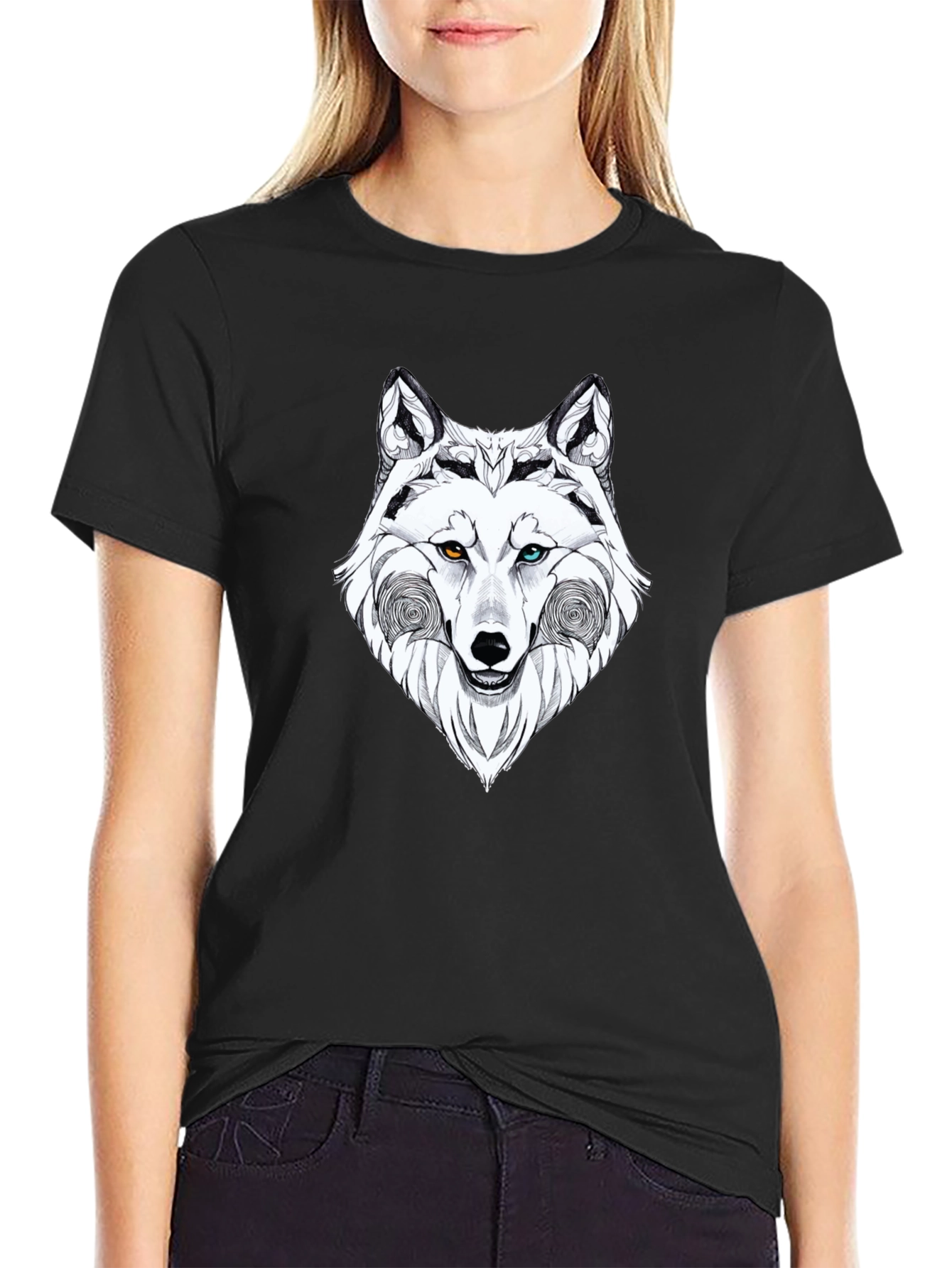 Wolf Graphic Black T-Shirt - Heterochromia Eyes