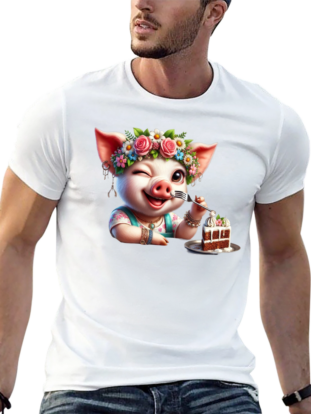 Pig with Flowers & Cake T-Shirt - Unisex