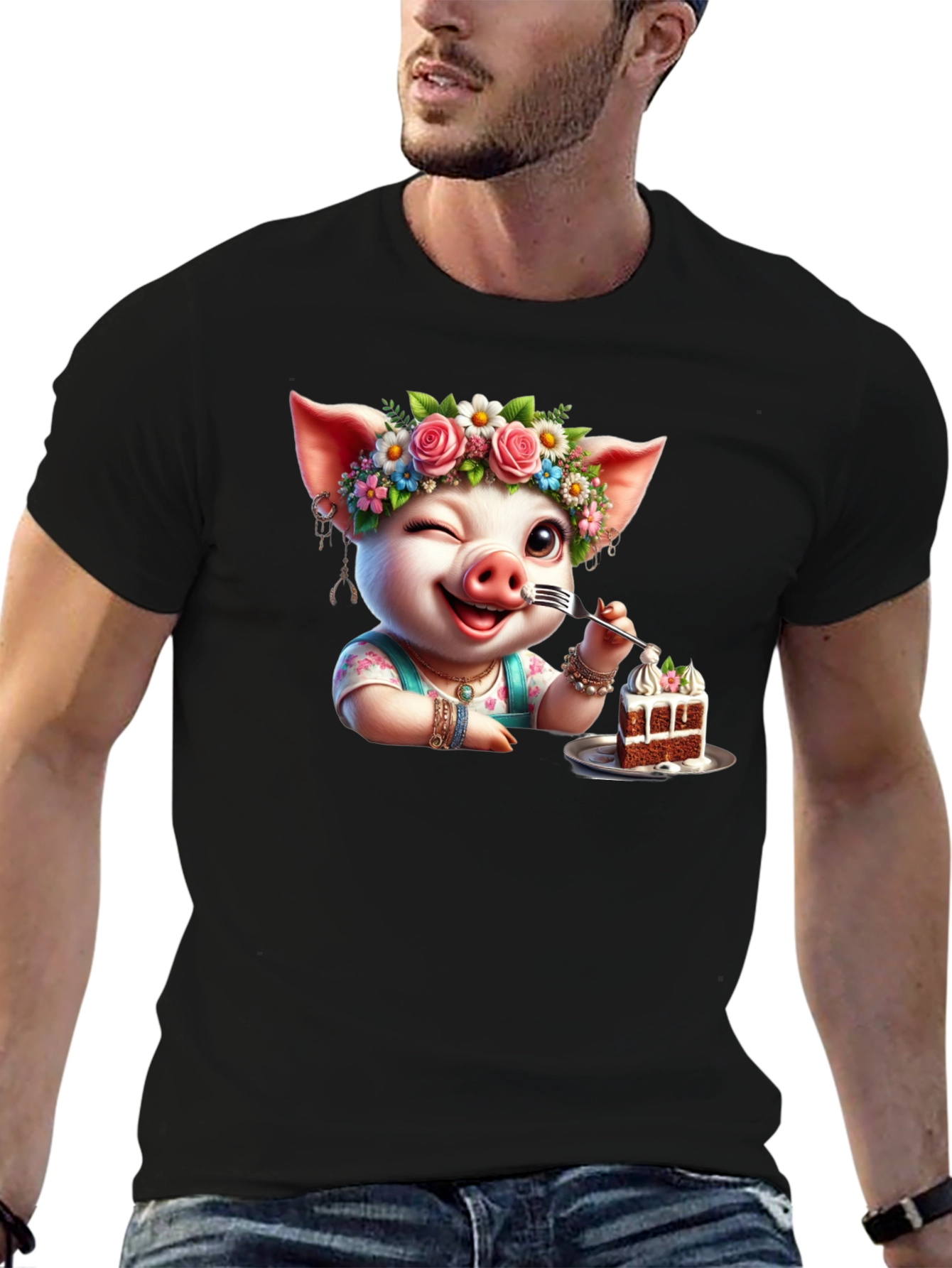 Pig with Flowers & Cake T-Shirt - Unisex
