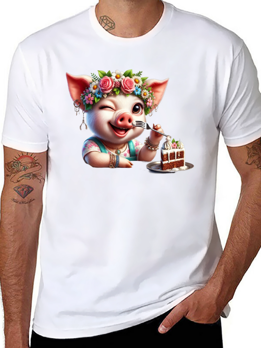 Pig with Flowers & Cake T-Shirt - Unisex