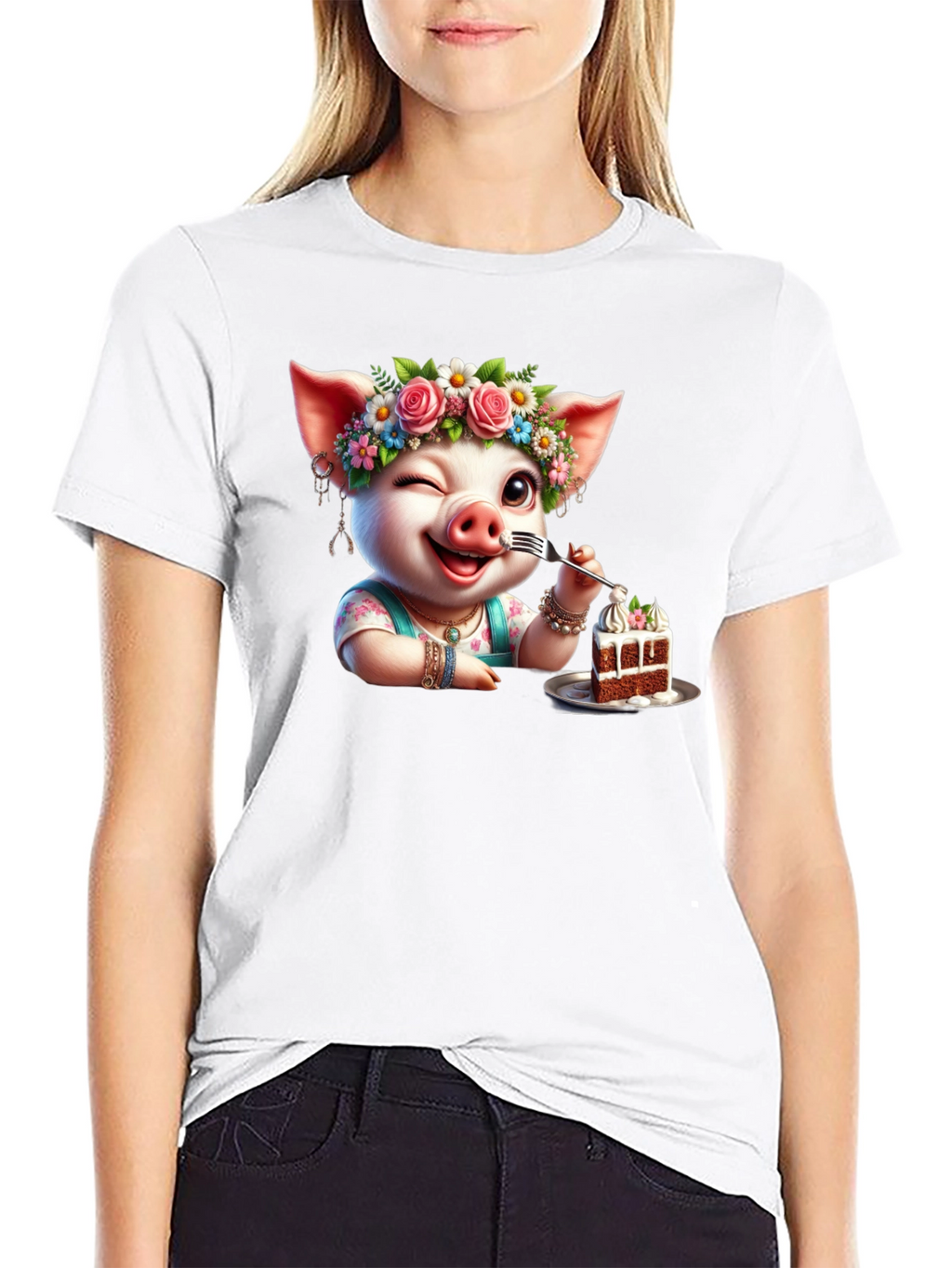 Pig with Flowers & Cake T-Shirt - Unisex