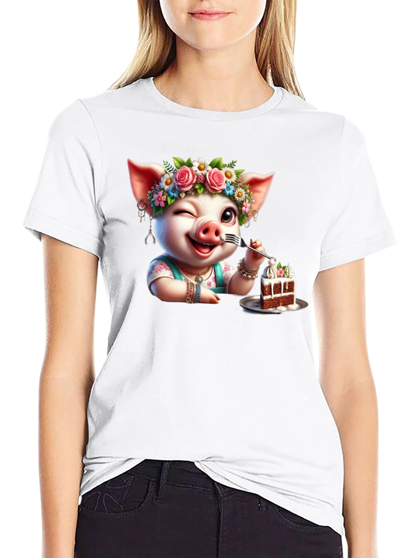 Pig with Flowers & Cake T-Shirt - Unisex