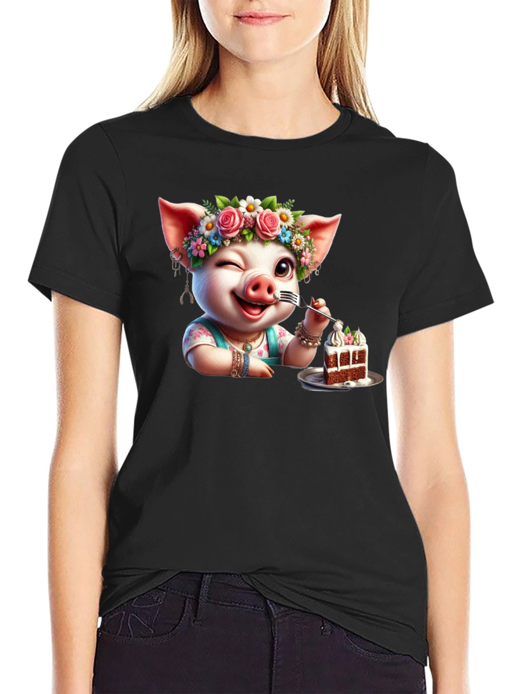 Pig with Flowers & Cake T-Shirt - Unisex