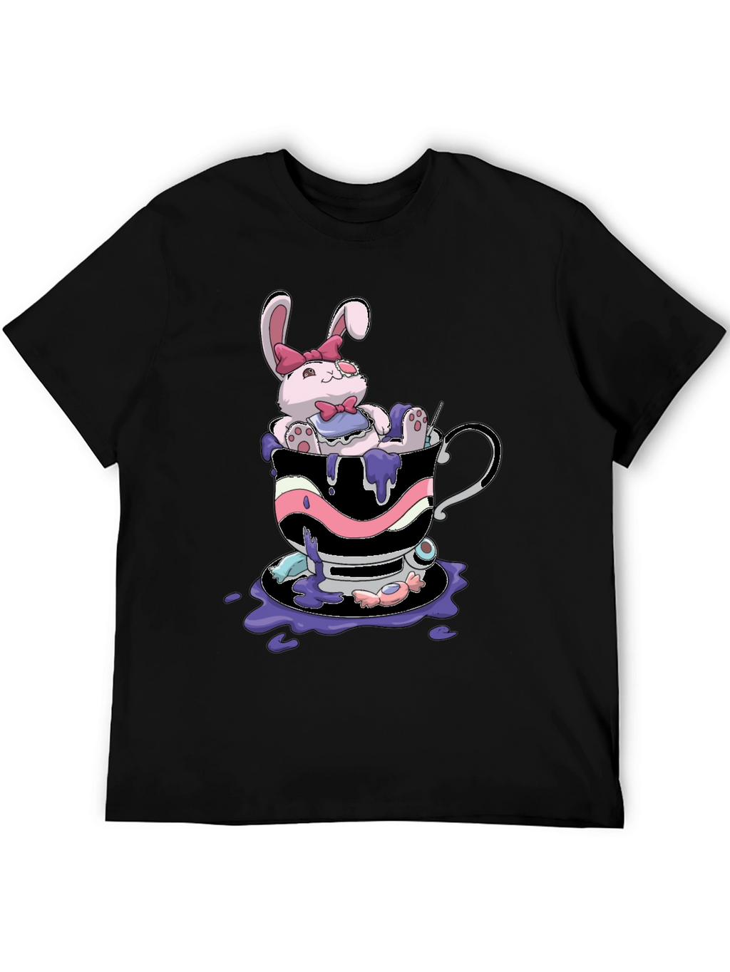 Cute Bunny Tea Cup Black T-Shirt