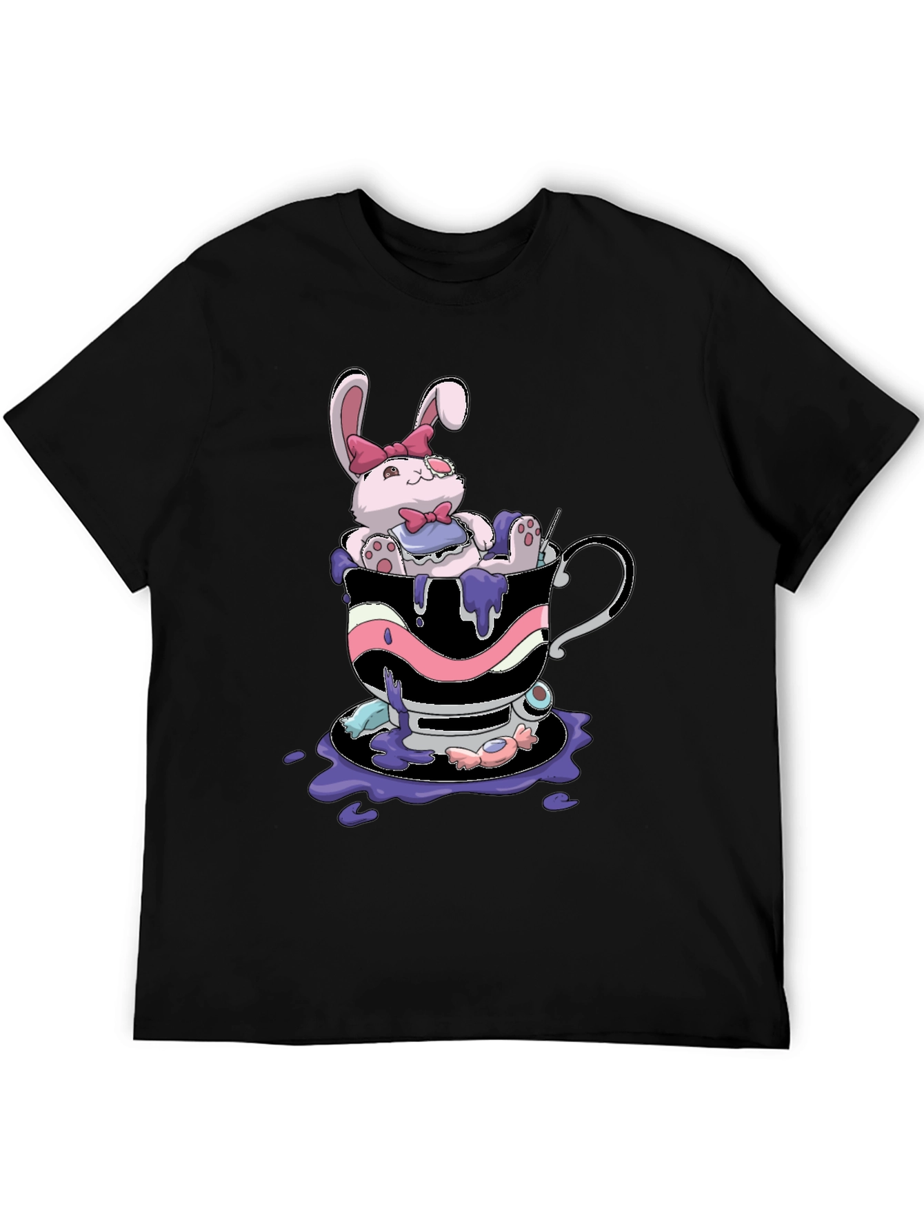 Cute Bunny Tea Cup Black T-Shirt