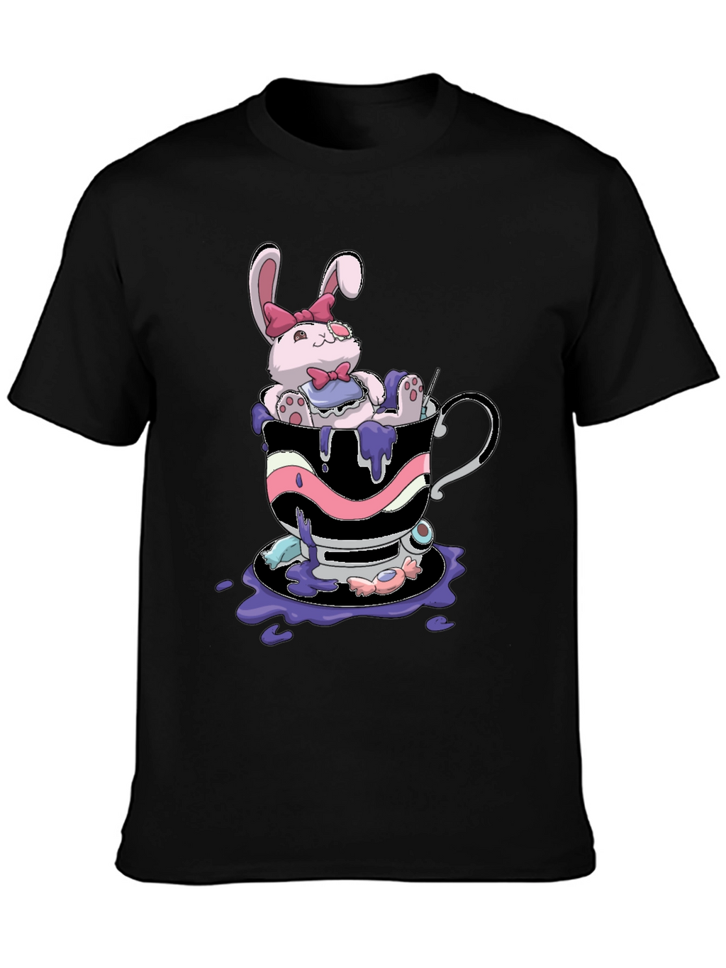 Cute Bunny Tea Cup Black T-Shirt