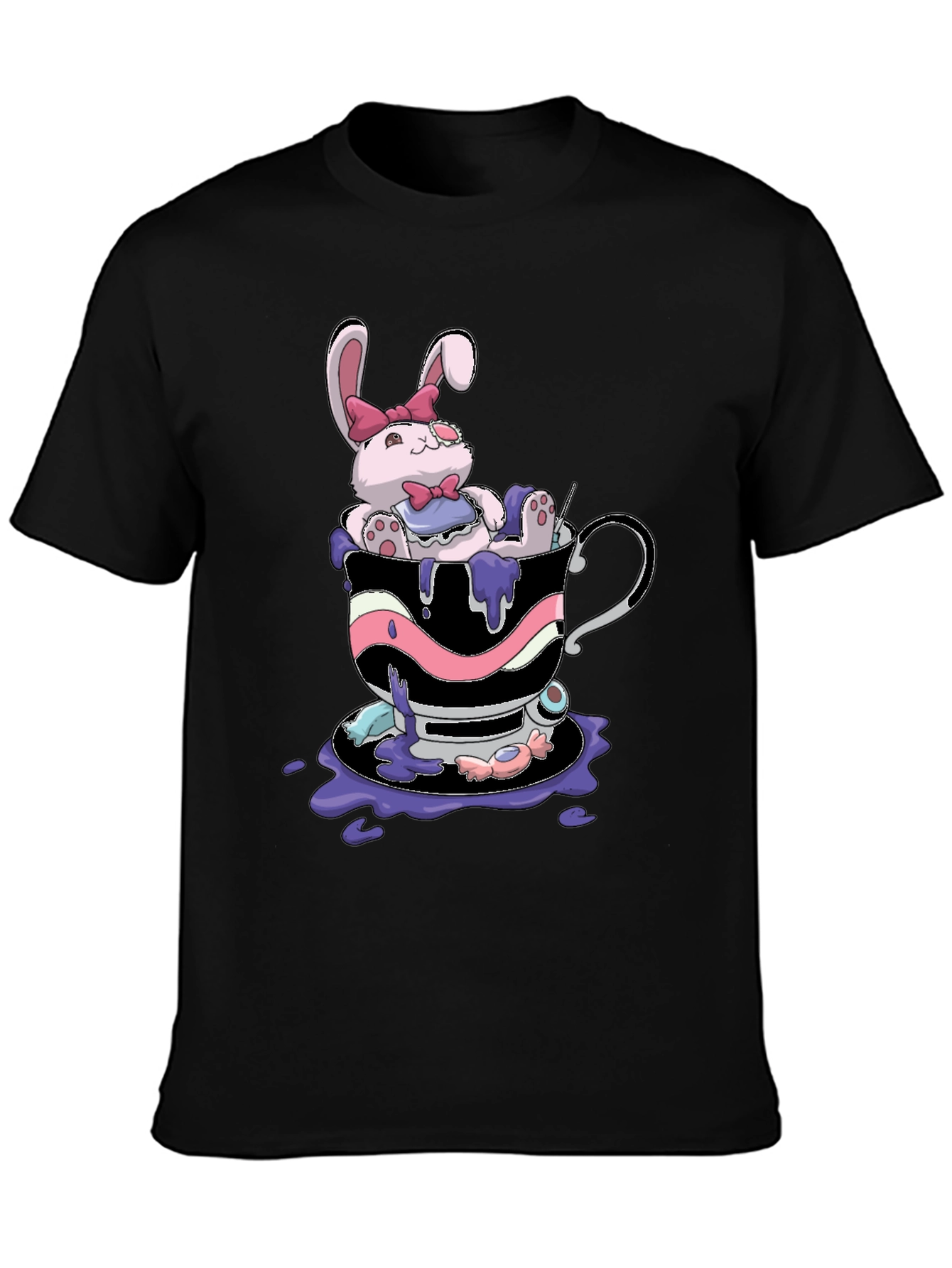 Cute Bunny Tea Cup Black T-Shirt