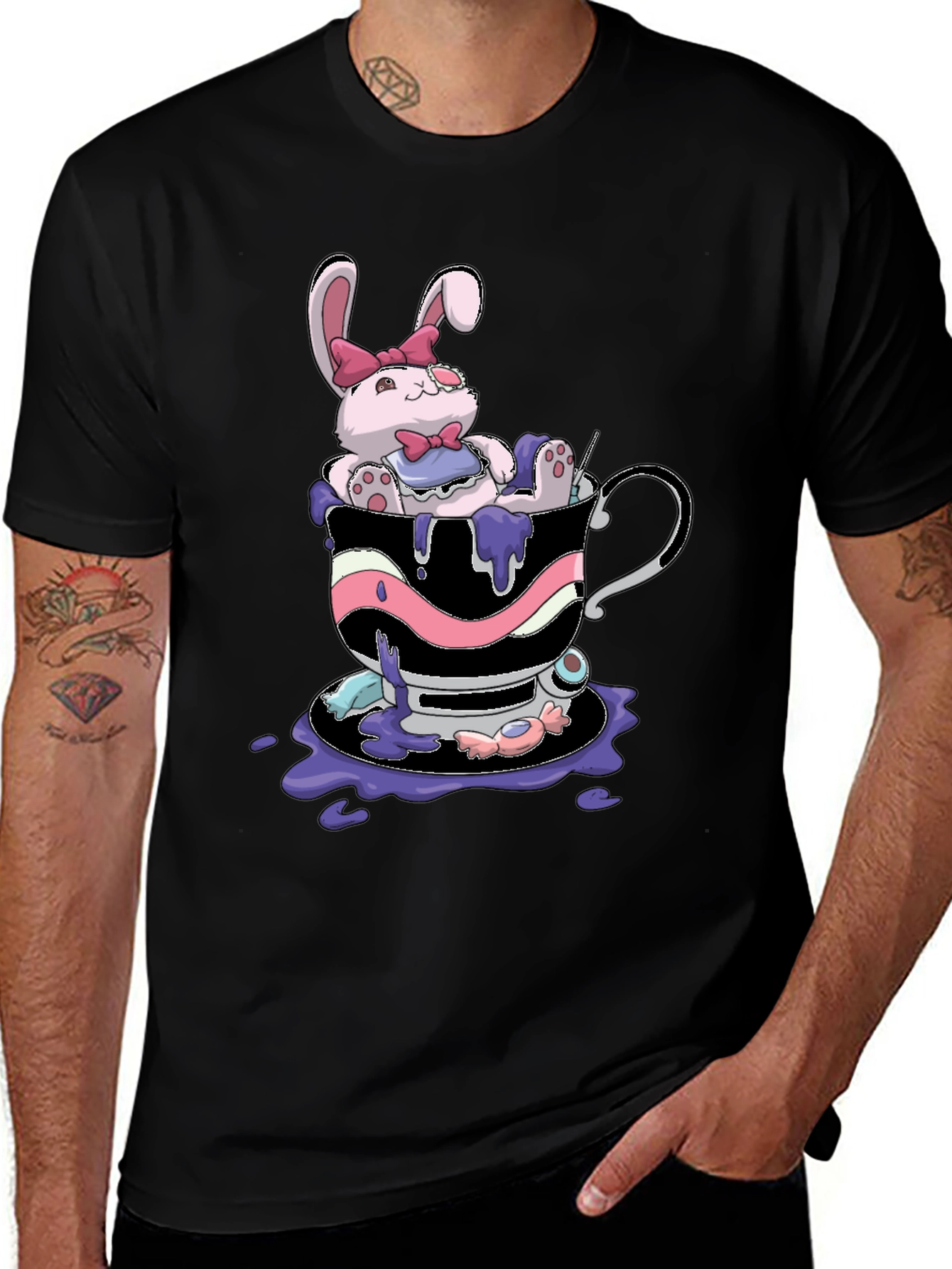 Cute Bunny Tea Cup Black T-Shirt