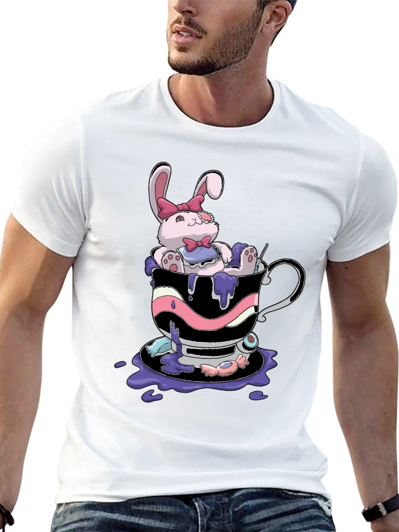 Cute Bunny Tea Cup Black T-Shirt