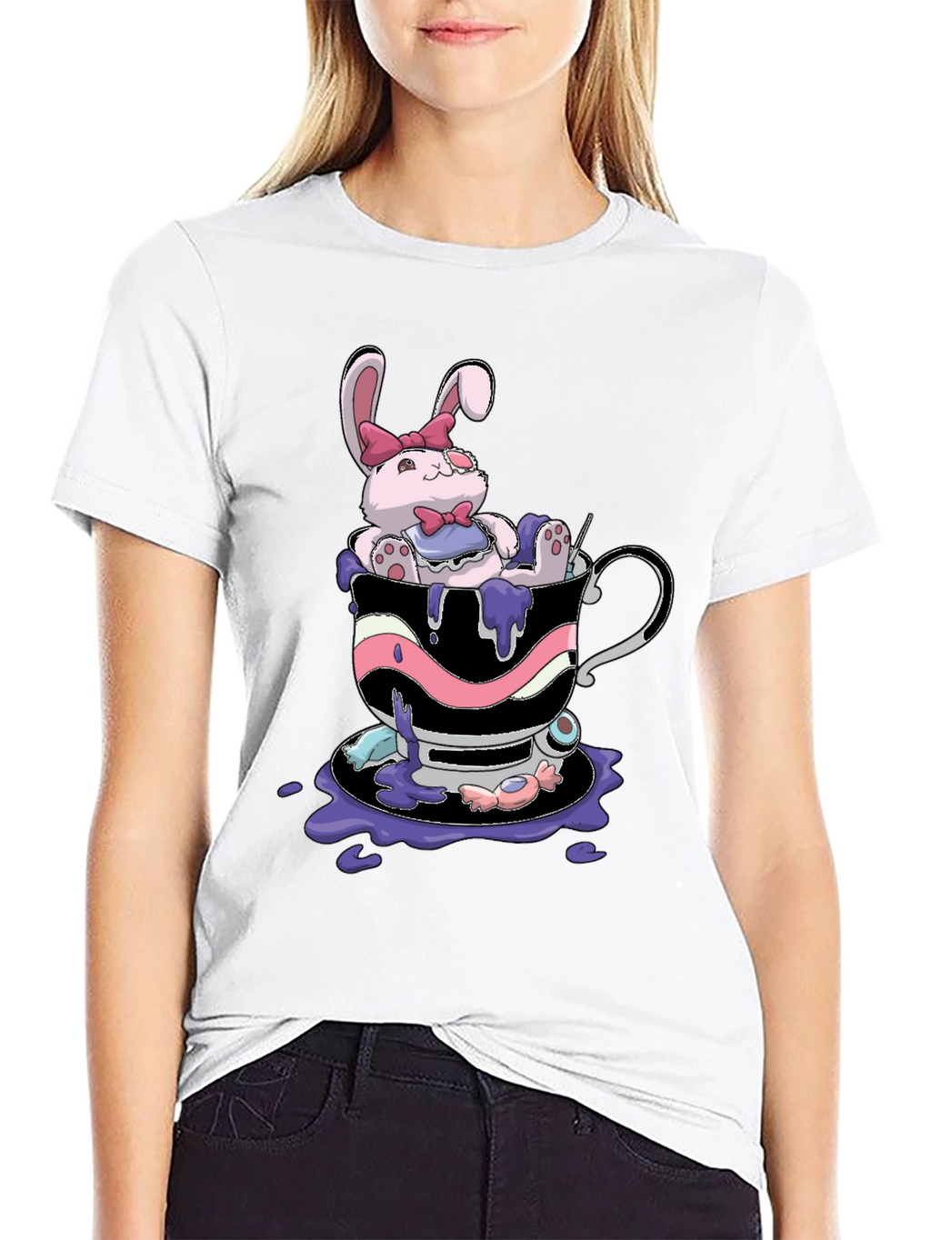 Cute Bunny Tea Cup Black T-Shirt