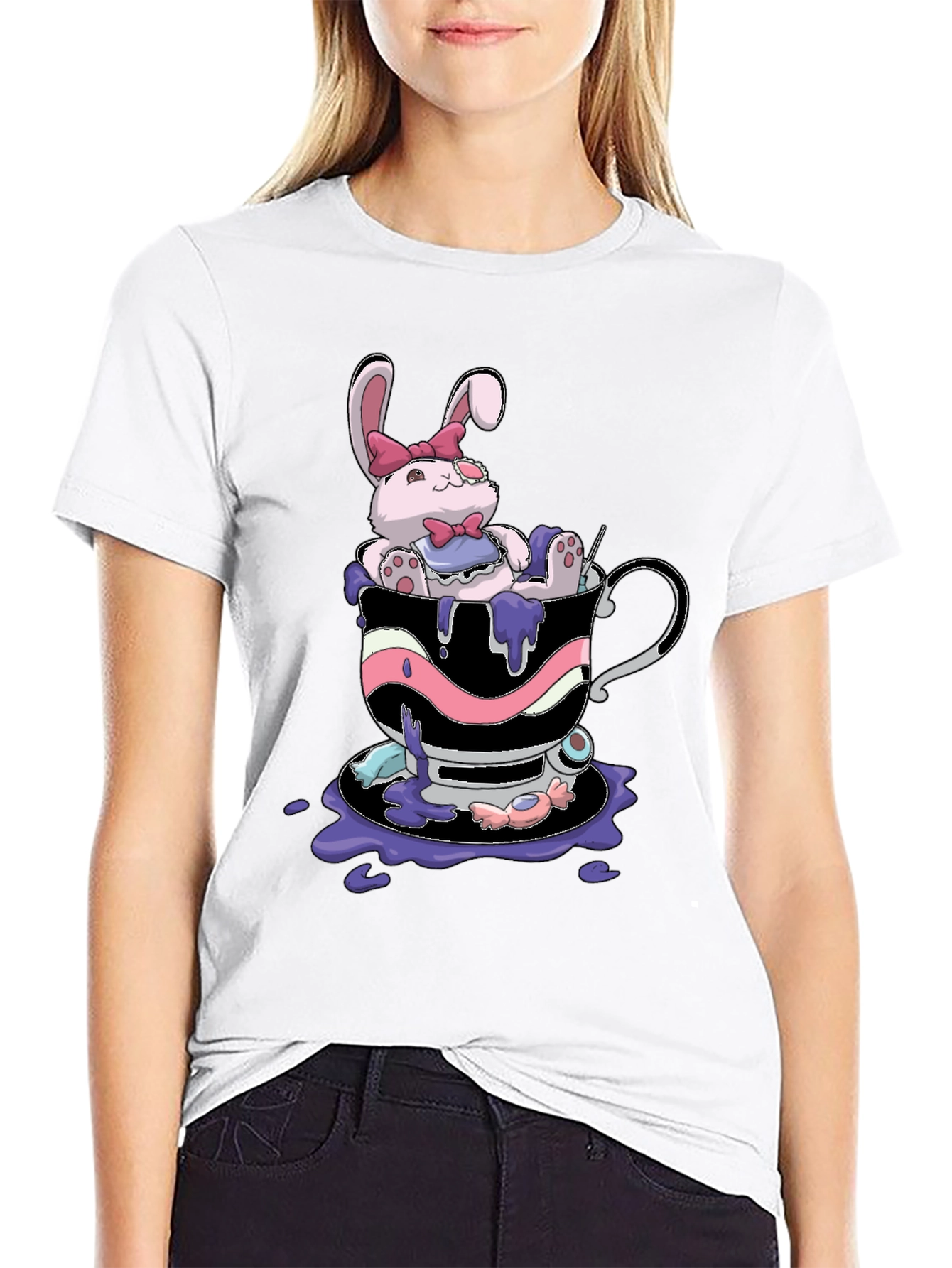 Cute Bunny Tea Cup Black T-Shirt