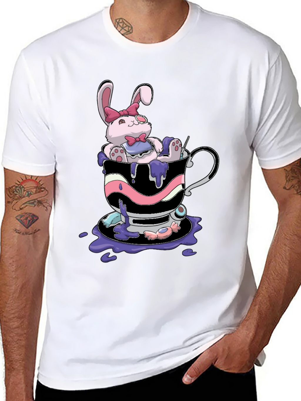 Cute Bunny Tea Cup Black T-Shirt