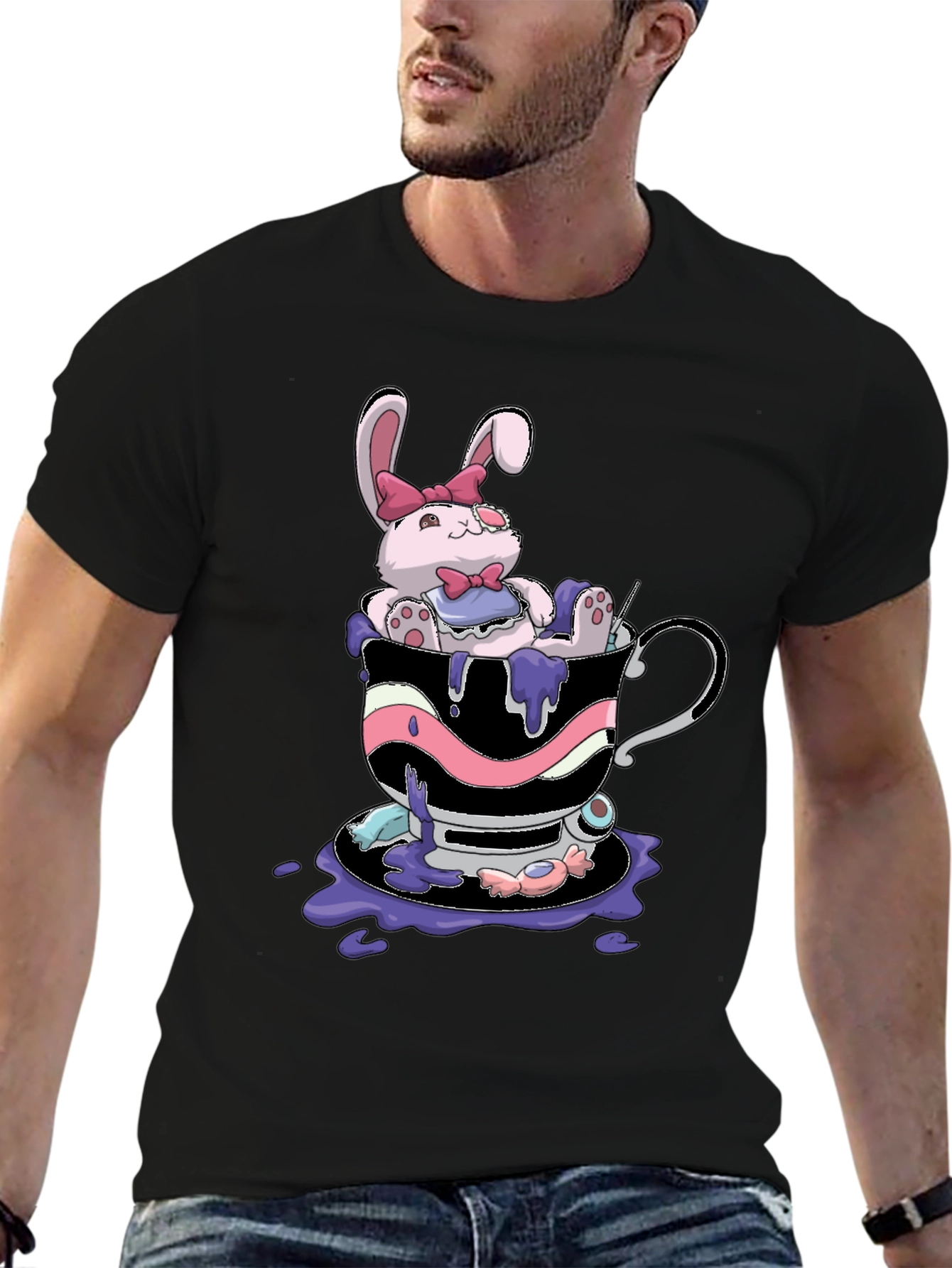 Cute Bunny Tea Cup Black T-Shirt