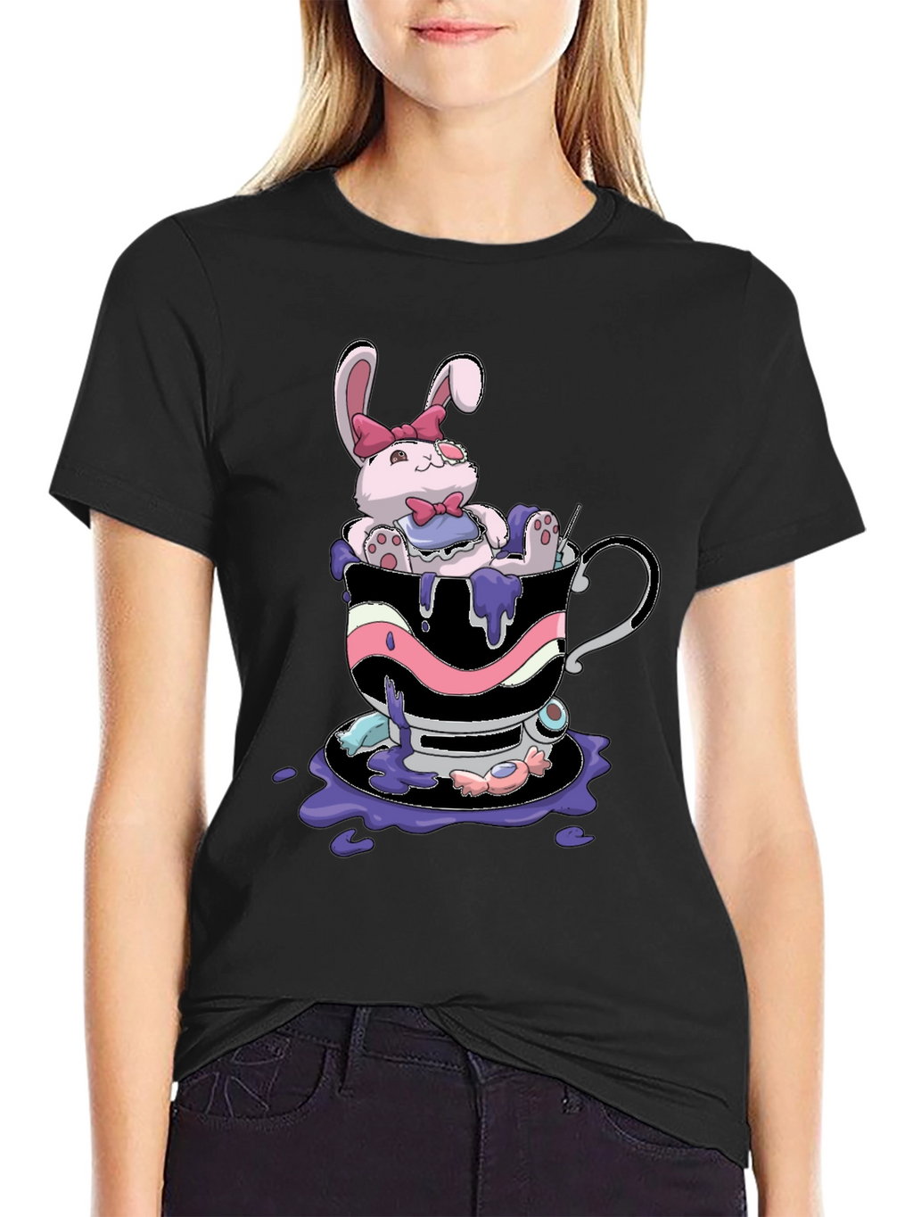 Cute Bunny Tea Cup Black T-Shirt