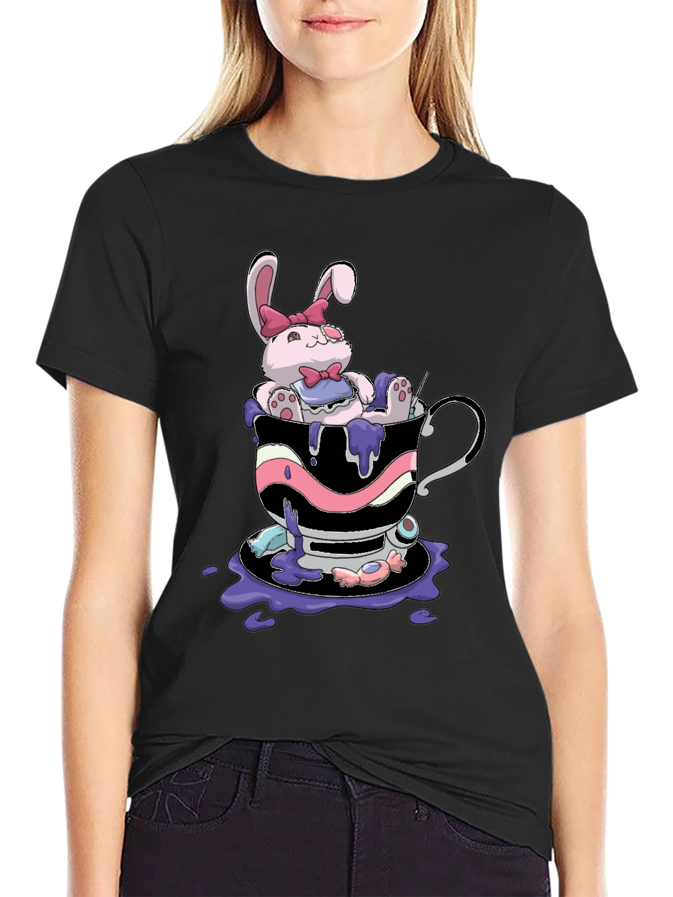 Cute Bunny Tea Cup Black T-Shirt