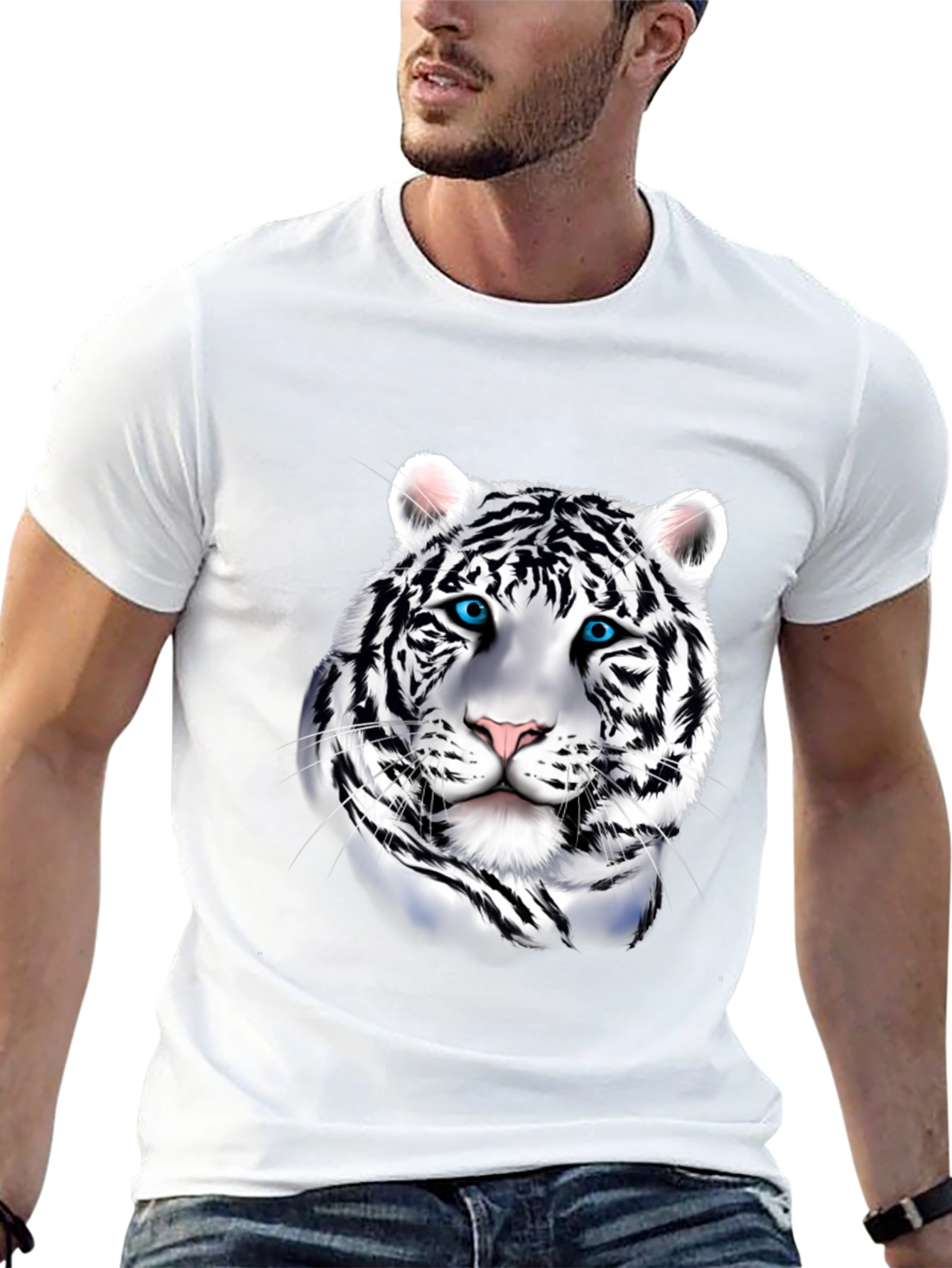 Mens Graphic Tee: Striking White Tiger Print