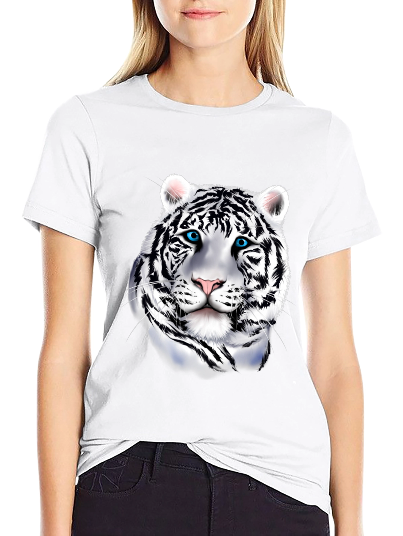 Mens Graphic Tee: Striking White Tiger Print