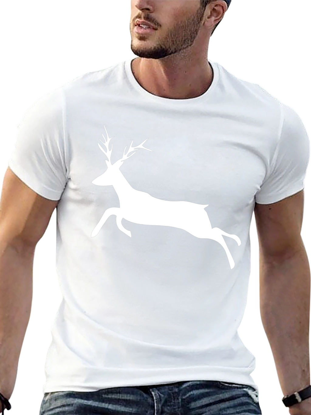 Mens Black T-Shirt with White Deer Graphic