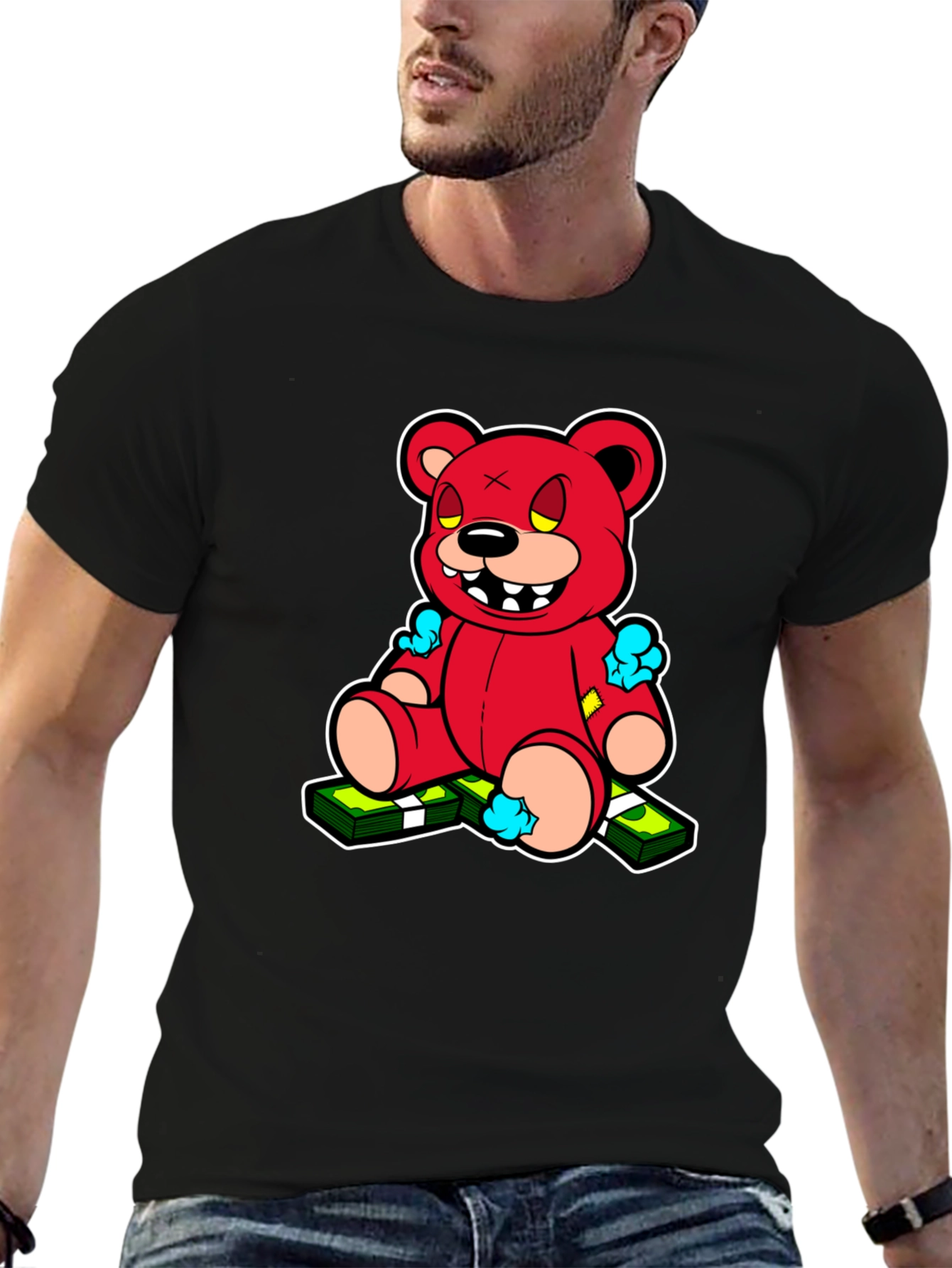 Cartoon Money Bear Black T-Shirt