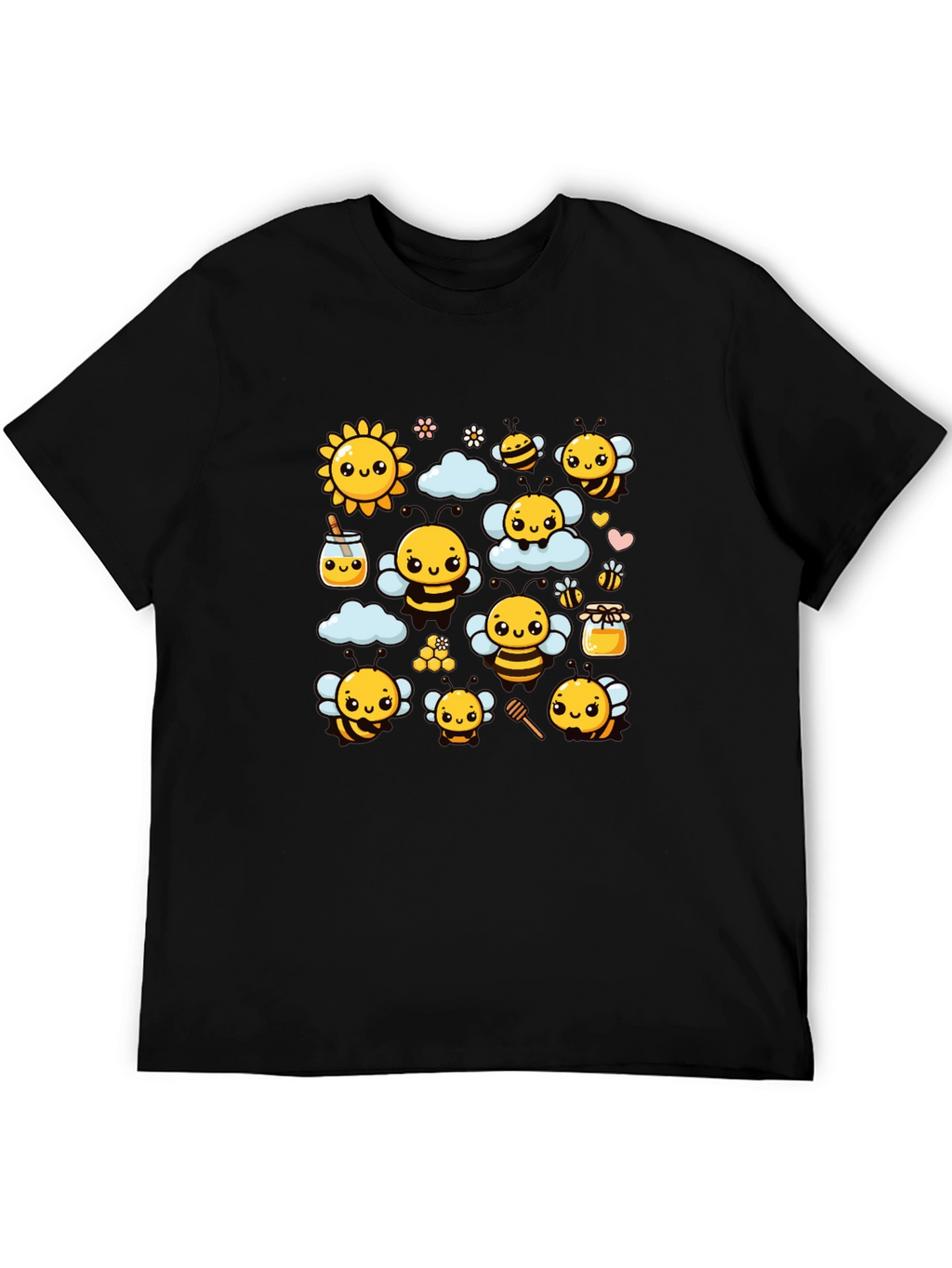 Cute Bee Cartoon Graphic Print Black T-Shirt