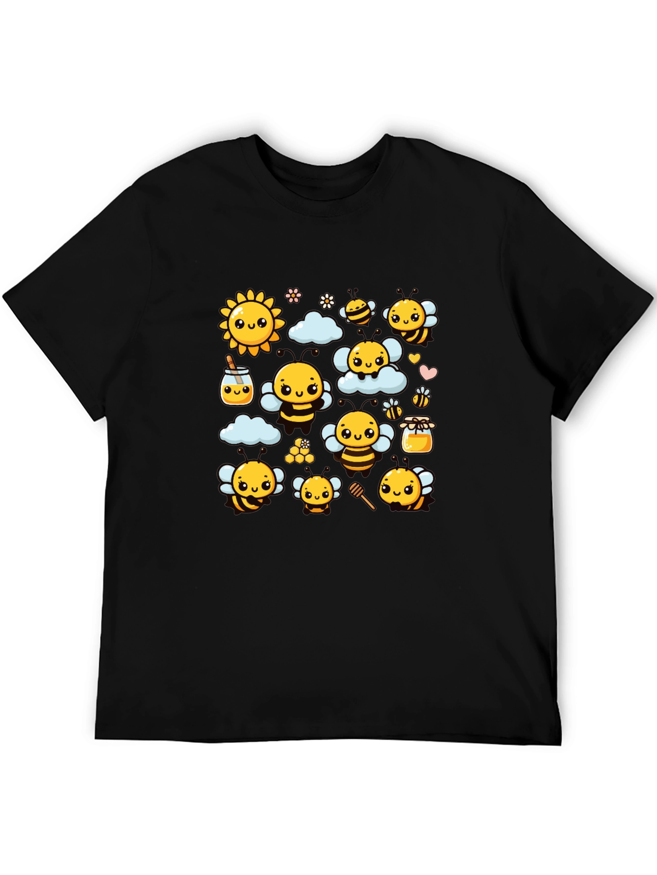 Cute Bee Cartoon Graphic Print Black T-Shirt