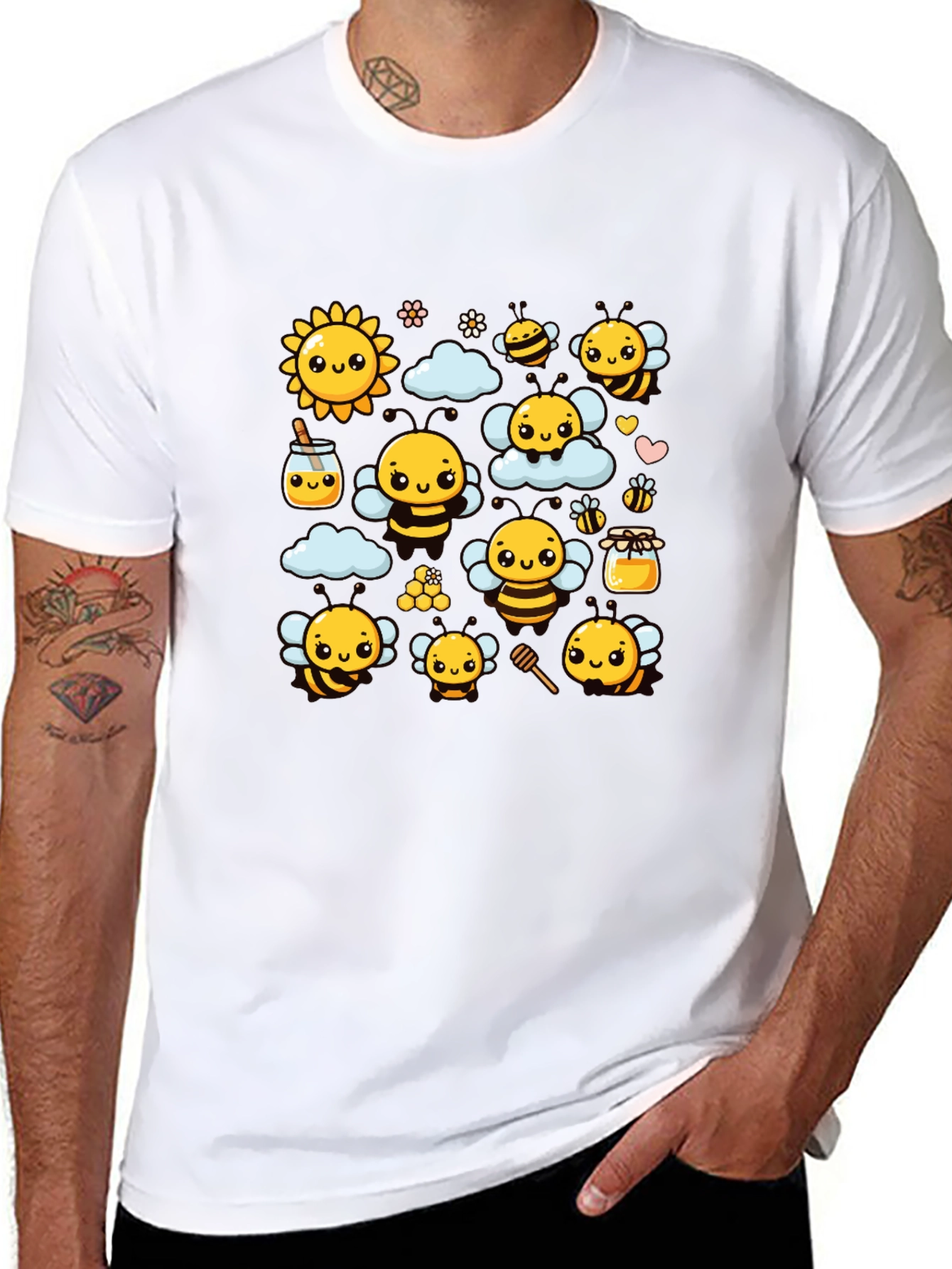Cute Bee Cartoon Graphic Print Black T-Shirt