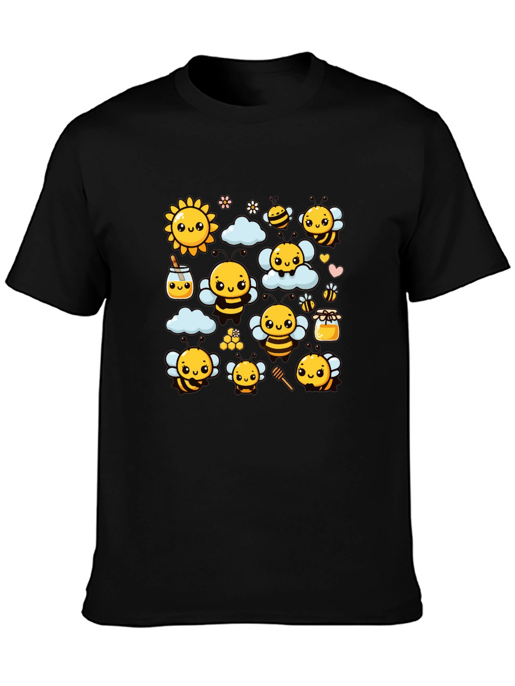 Cute Bee Cartoon Graphic Print Black T-Shirt