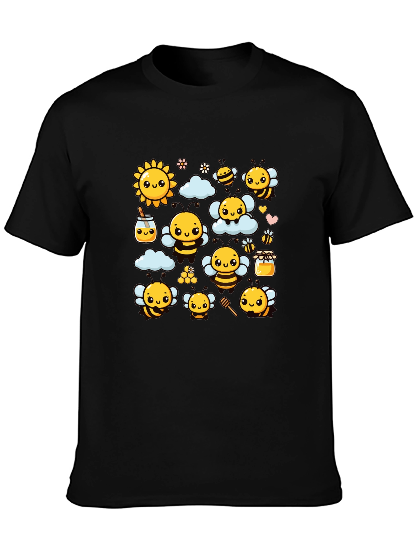 Cute Bee Cartoon Graphic Print Black T-Shirt