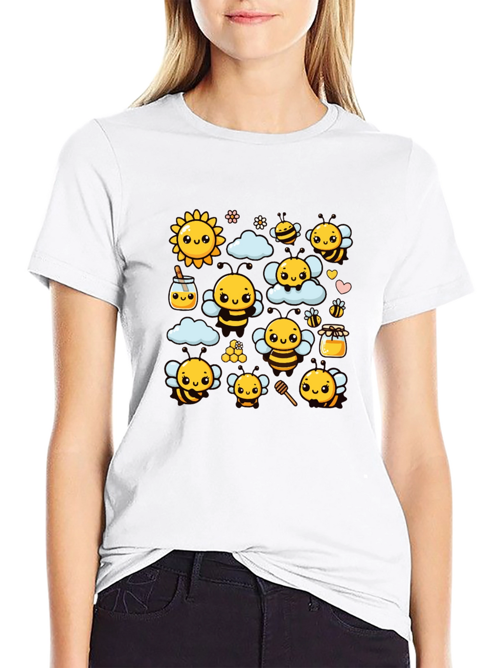 Cute Bee Cartoon Graphic Print Black T-Shirt