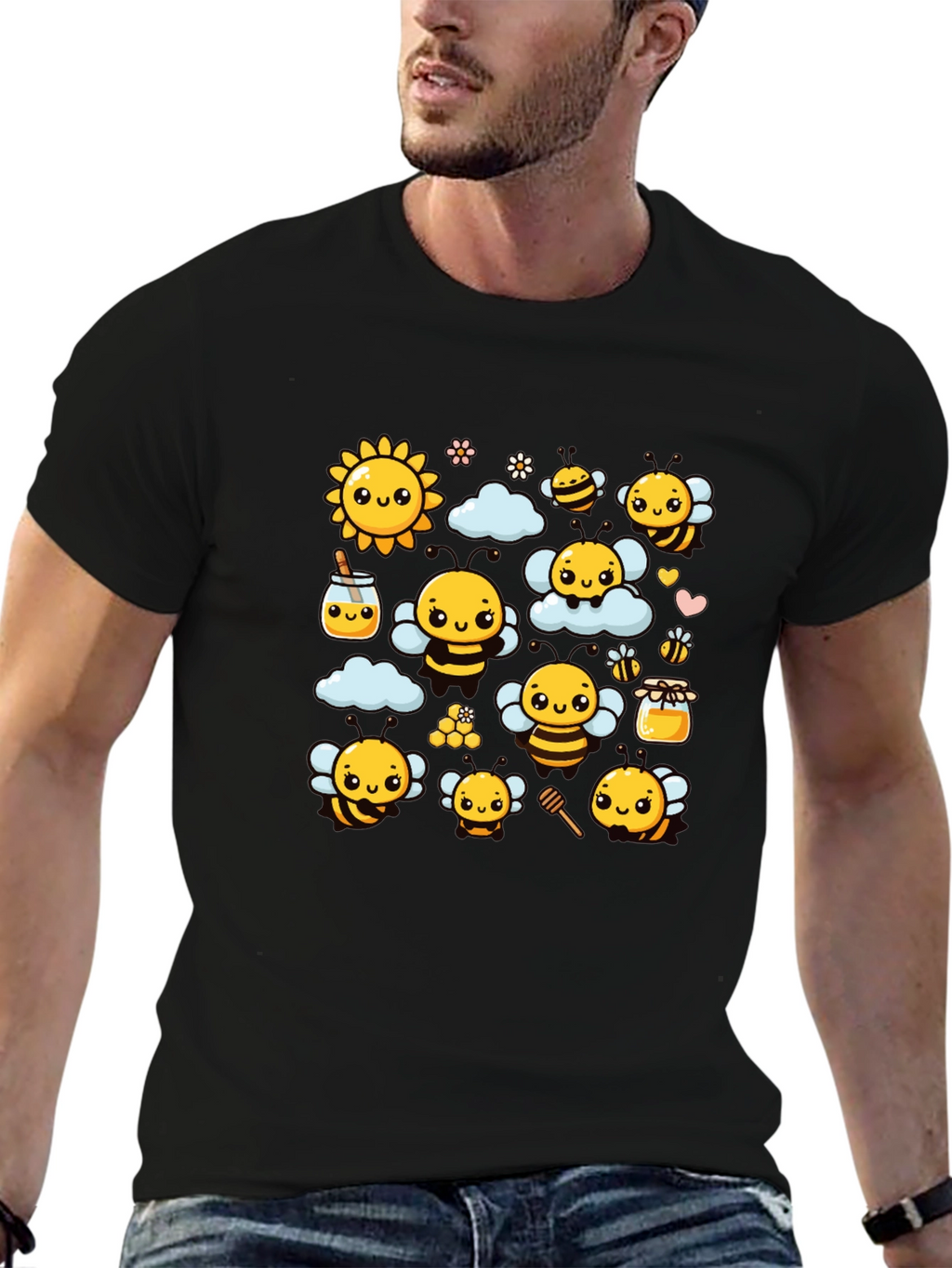 Cute Bee Cartoon Graphic Print Black T-Shirt