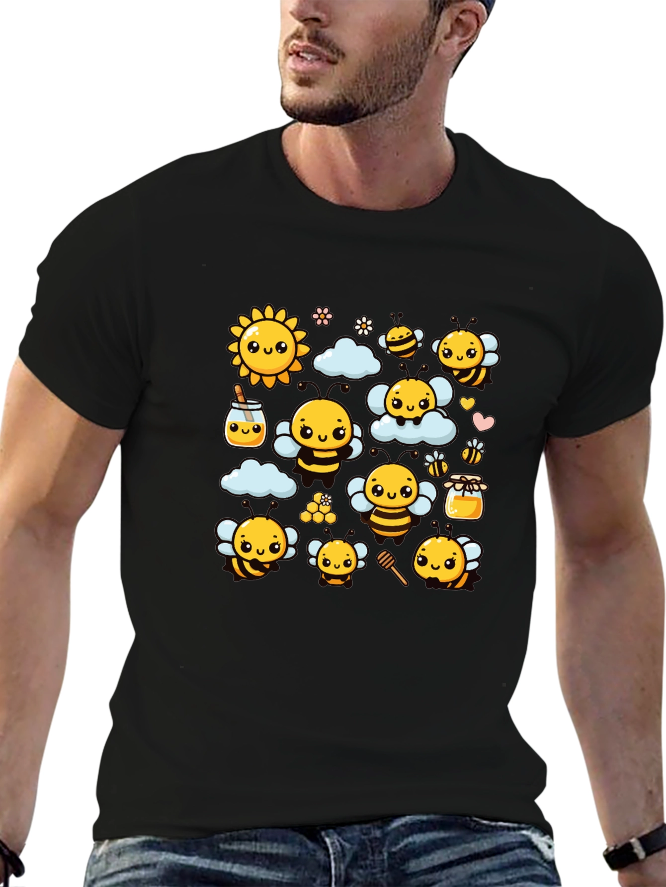 Cute Bee Cartoon Graphic Print Black T-Shirt