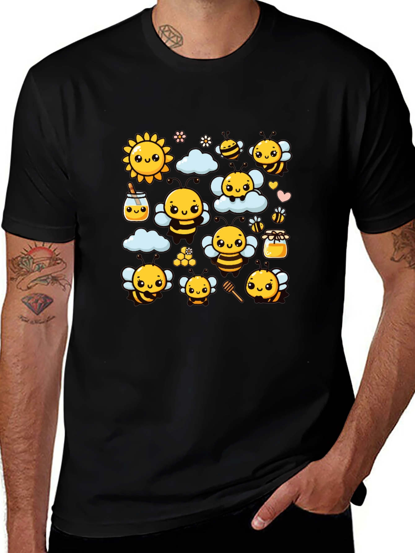 Cute Bee Cartoon Graphic Print Black T-Shirt