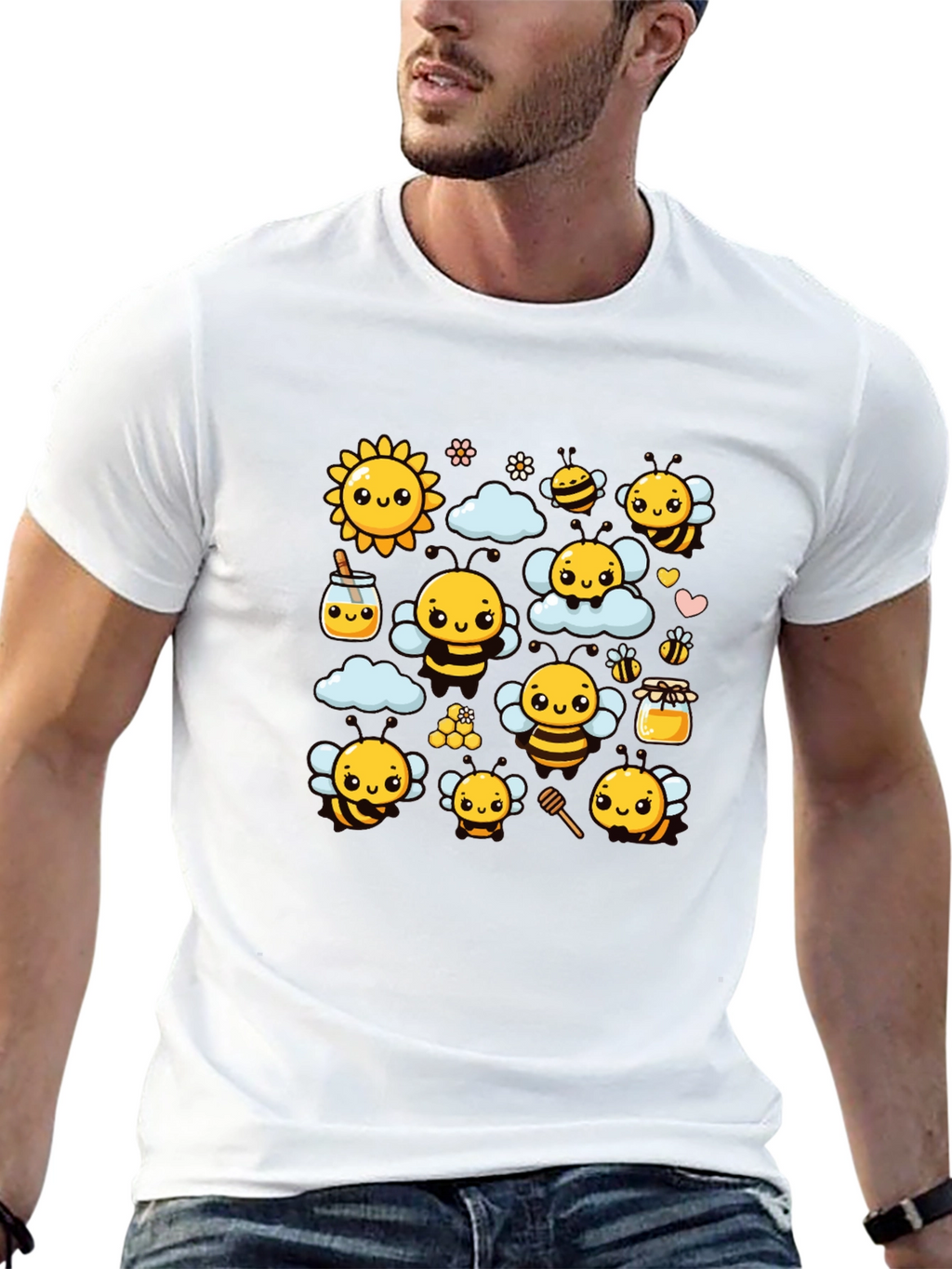 Cute Bee Cartoon Graphic Print Black T-Shirt
