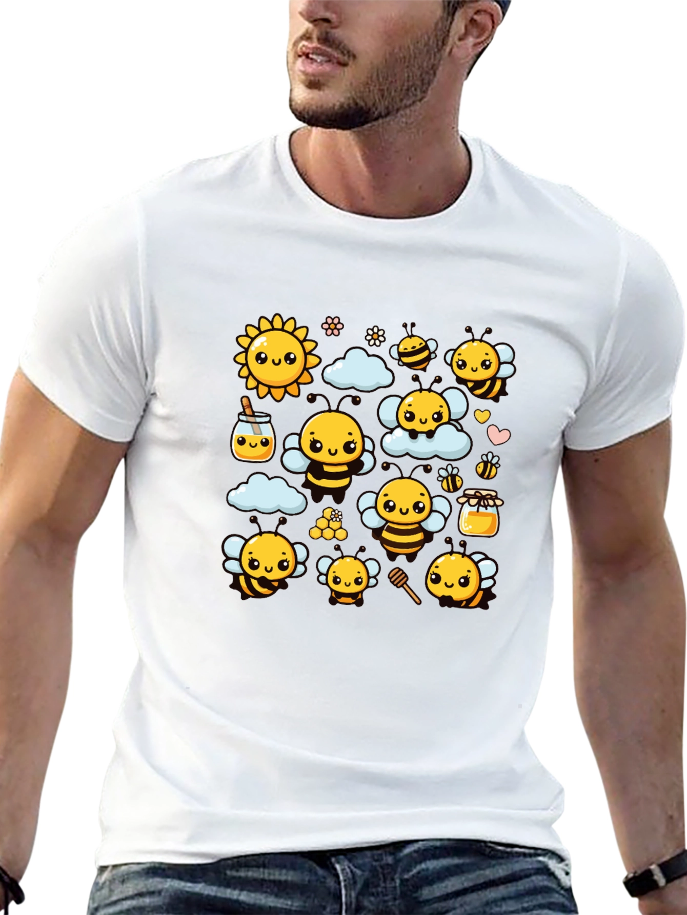 Cute Bee Cartoon Graphic Print Black T-Shirt