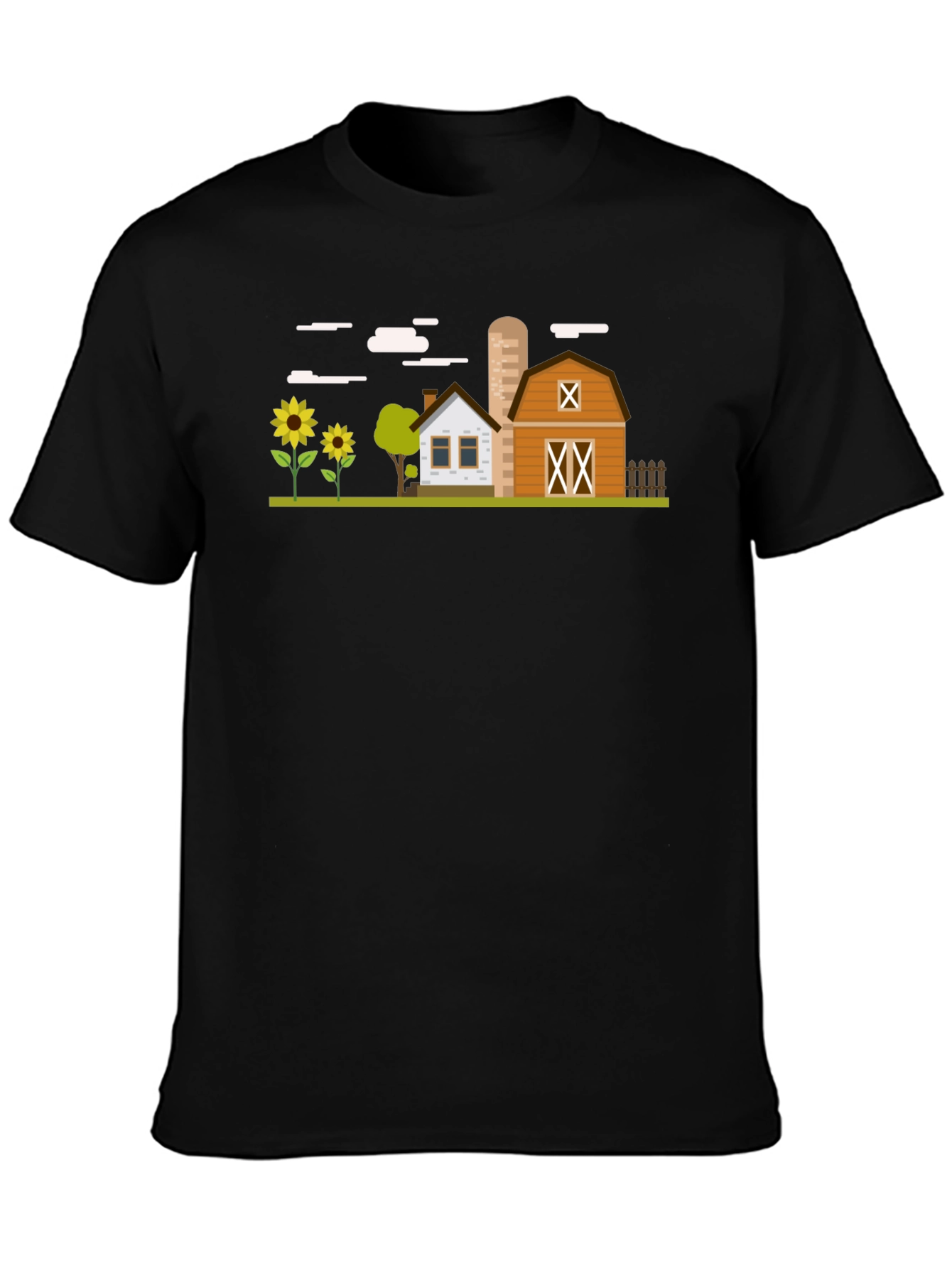 Farm Scene Graphic T-Shirt - Black Cotton Tee