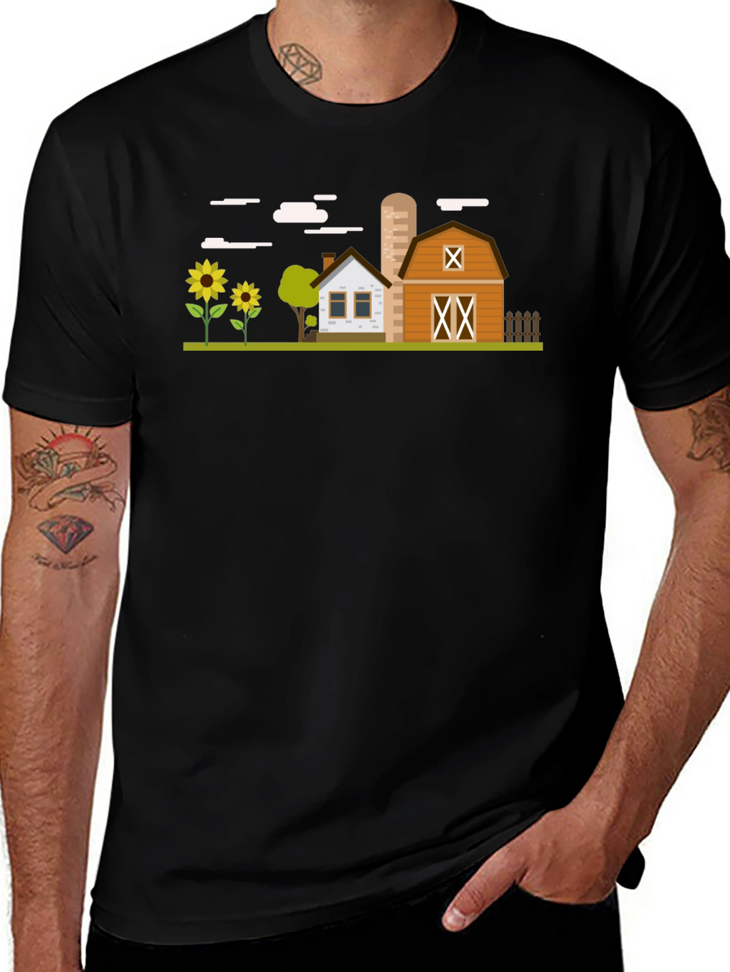 Farm Scene Graphic T-Shirt - Black Cotton Tee