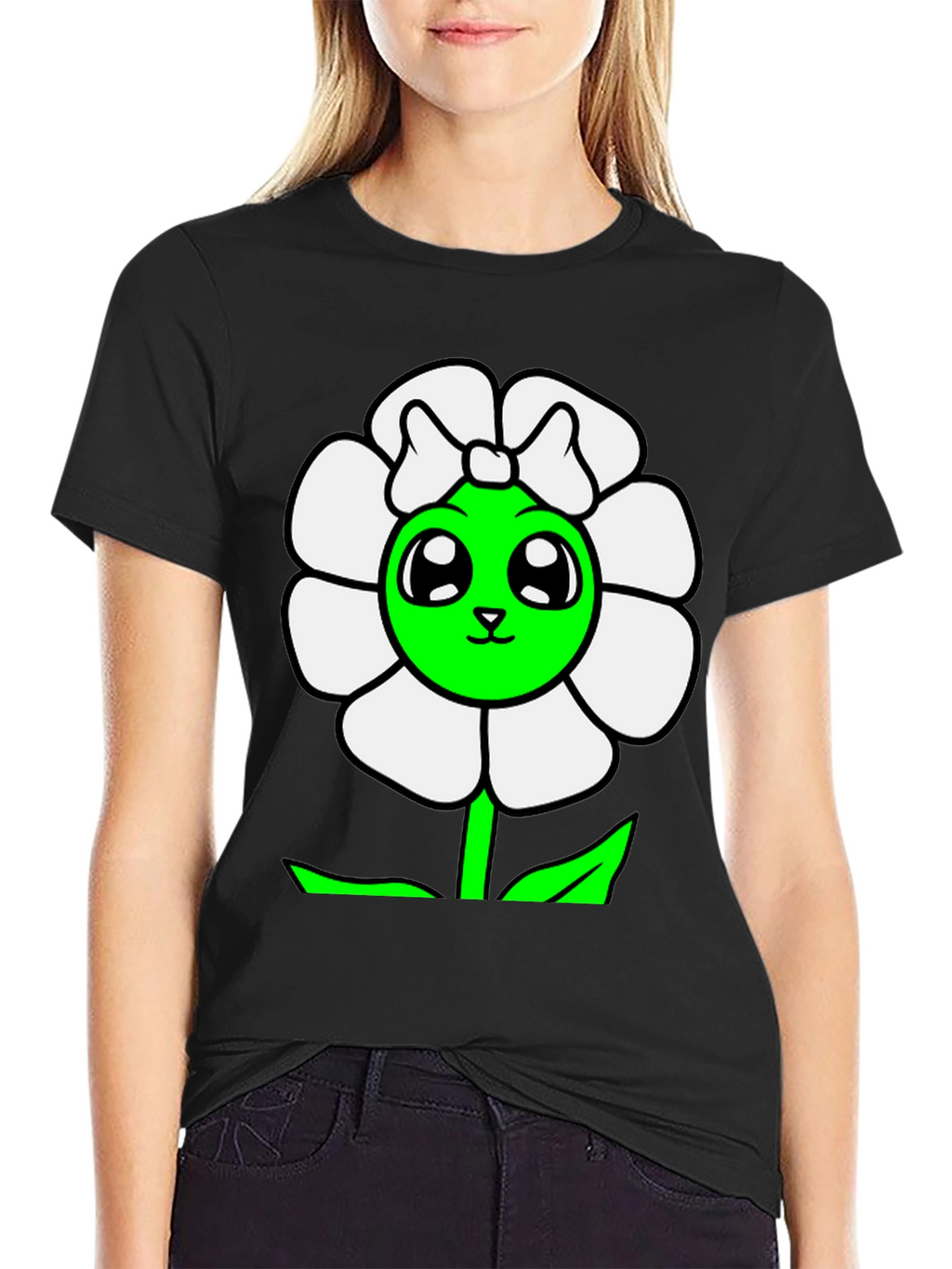 Cute Flower Graphic T-Shirt - Black