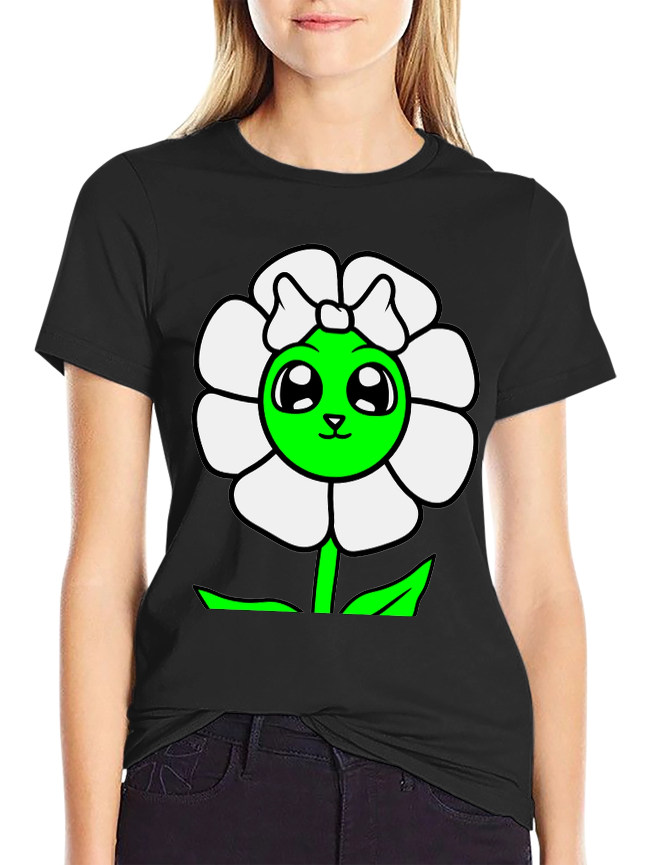 Cute Flower Graphic T-Shirt - Black