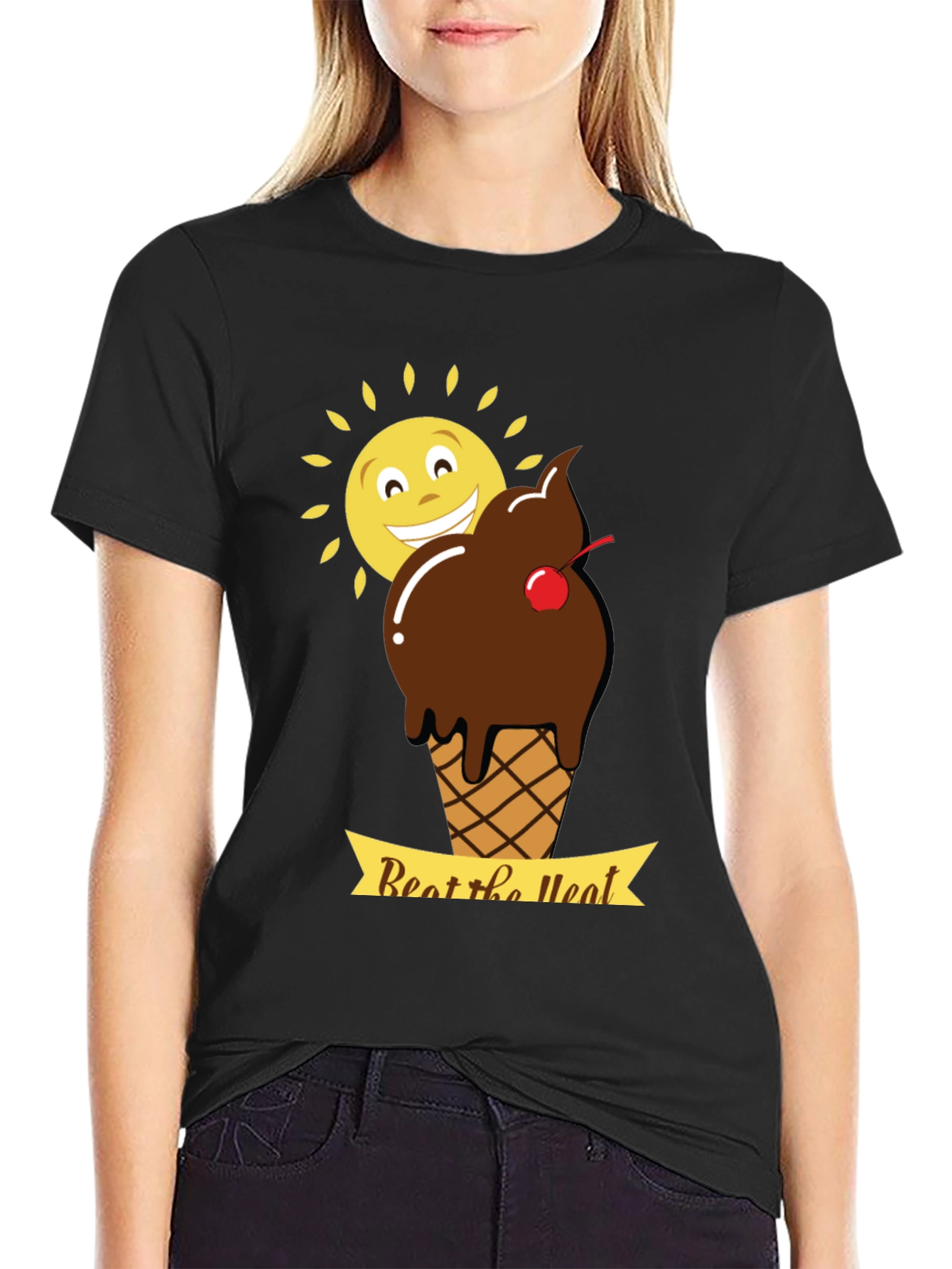 Beat the Heat T-Shirt with Ice Cream and Sun Graphic