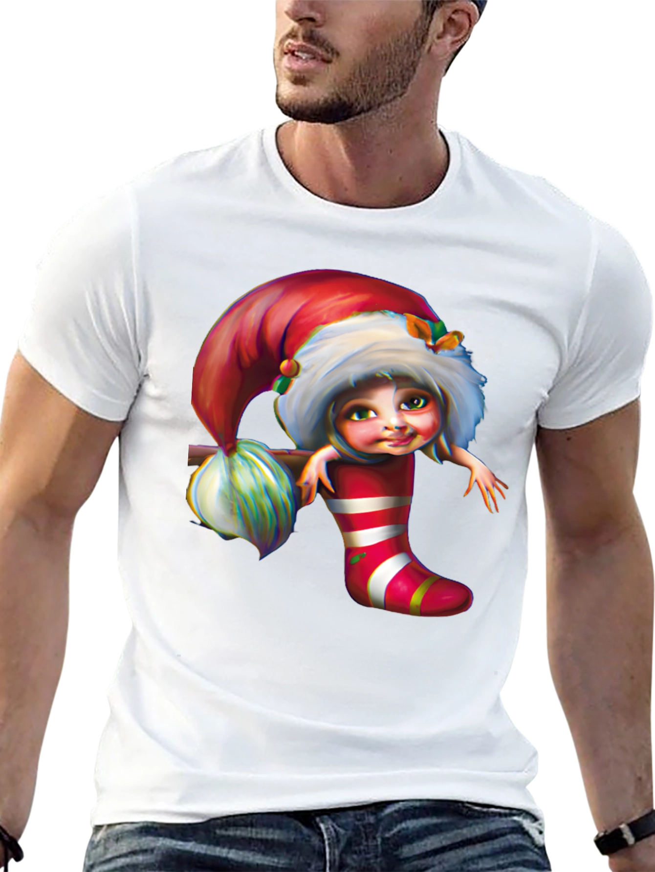 Festive Elf in Stocking Graphic Tee