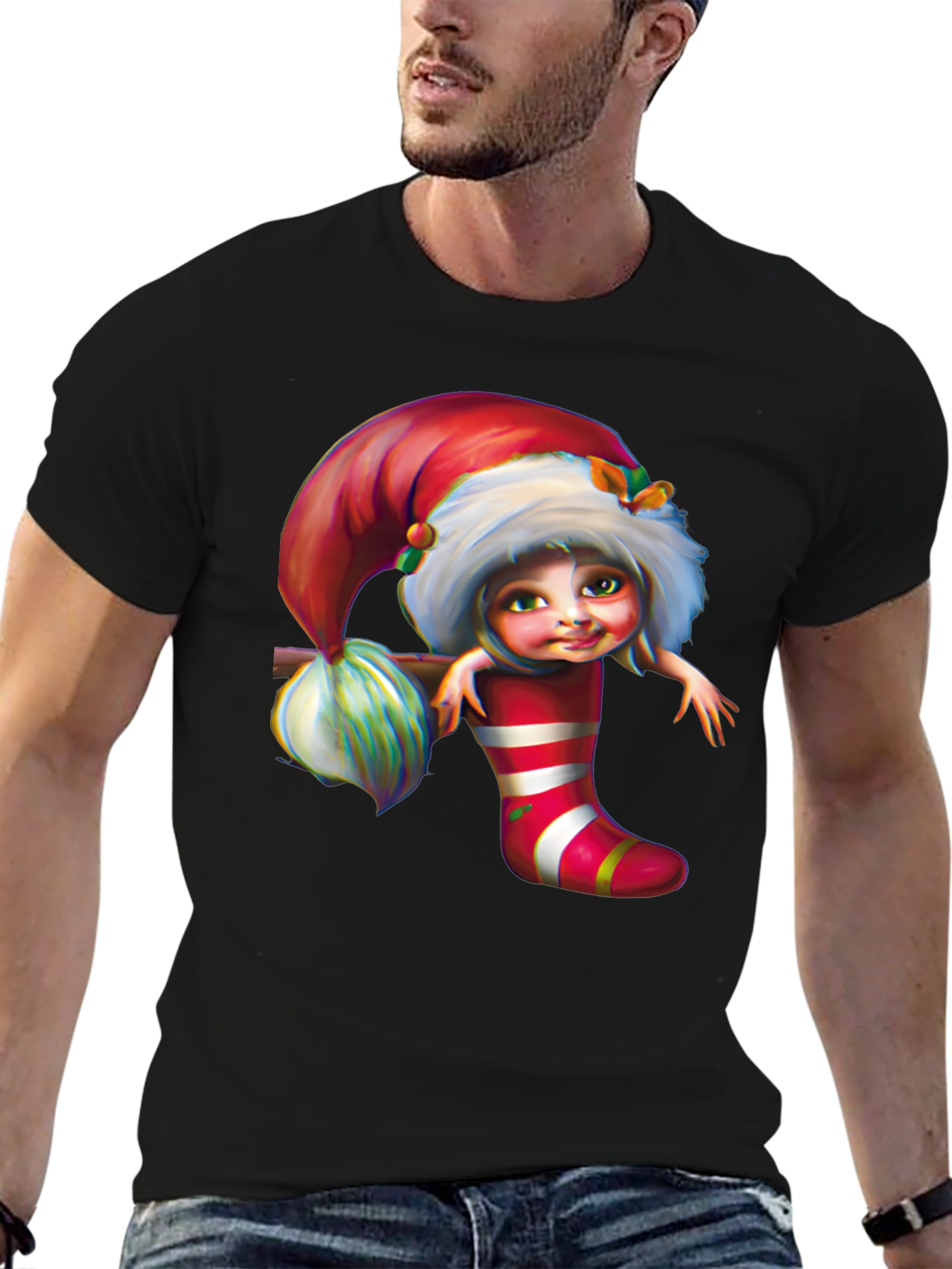 Festive Elf in Stocking Graphic Tee