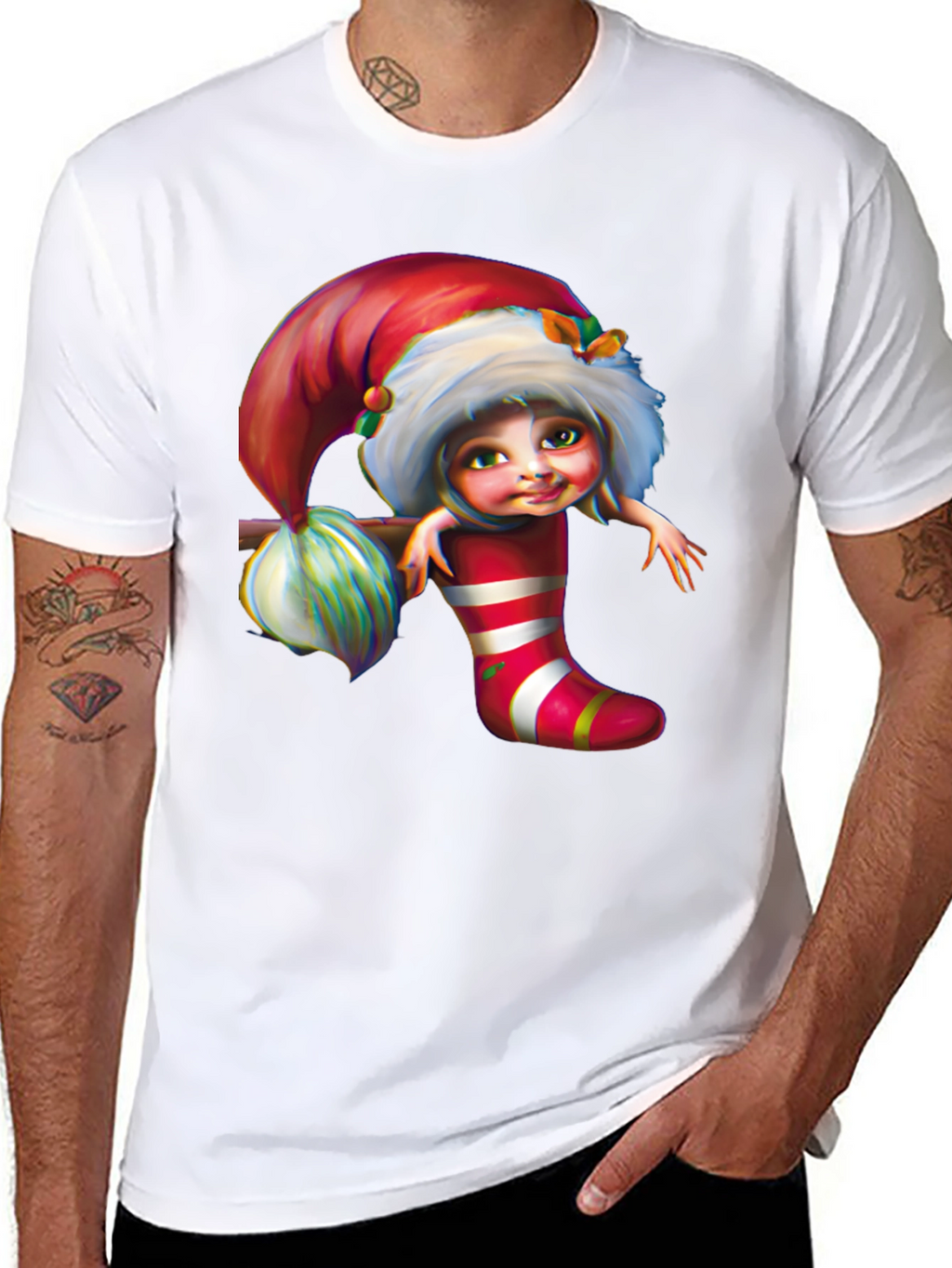 Festive Elf in Stocking Graphic Tee