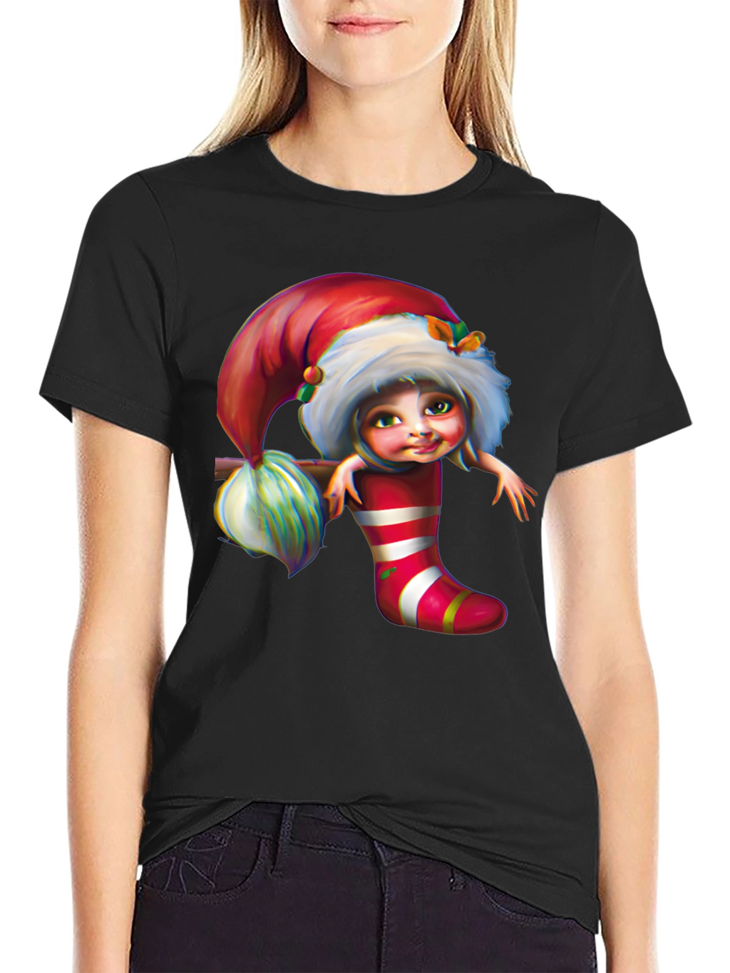 Festive Elf in Stocking Graphic Tee