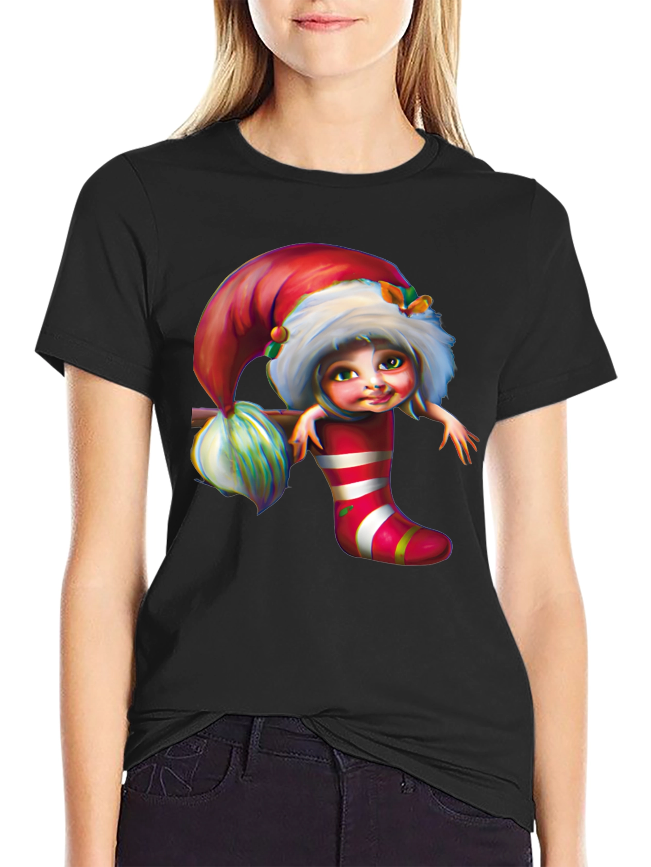 Festive Elf in Stocking Graphic Tee