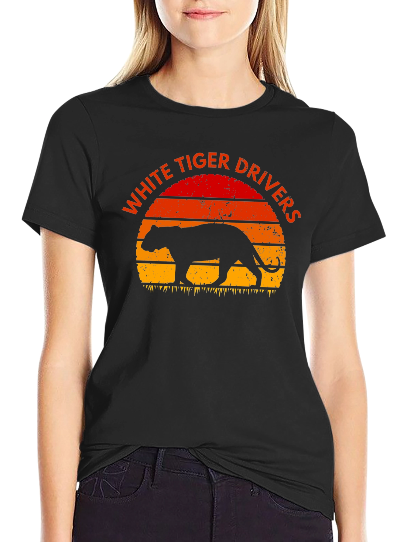 White Tiger Drivers Graphic Tee - Retro Sunset Design